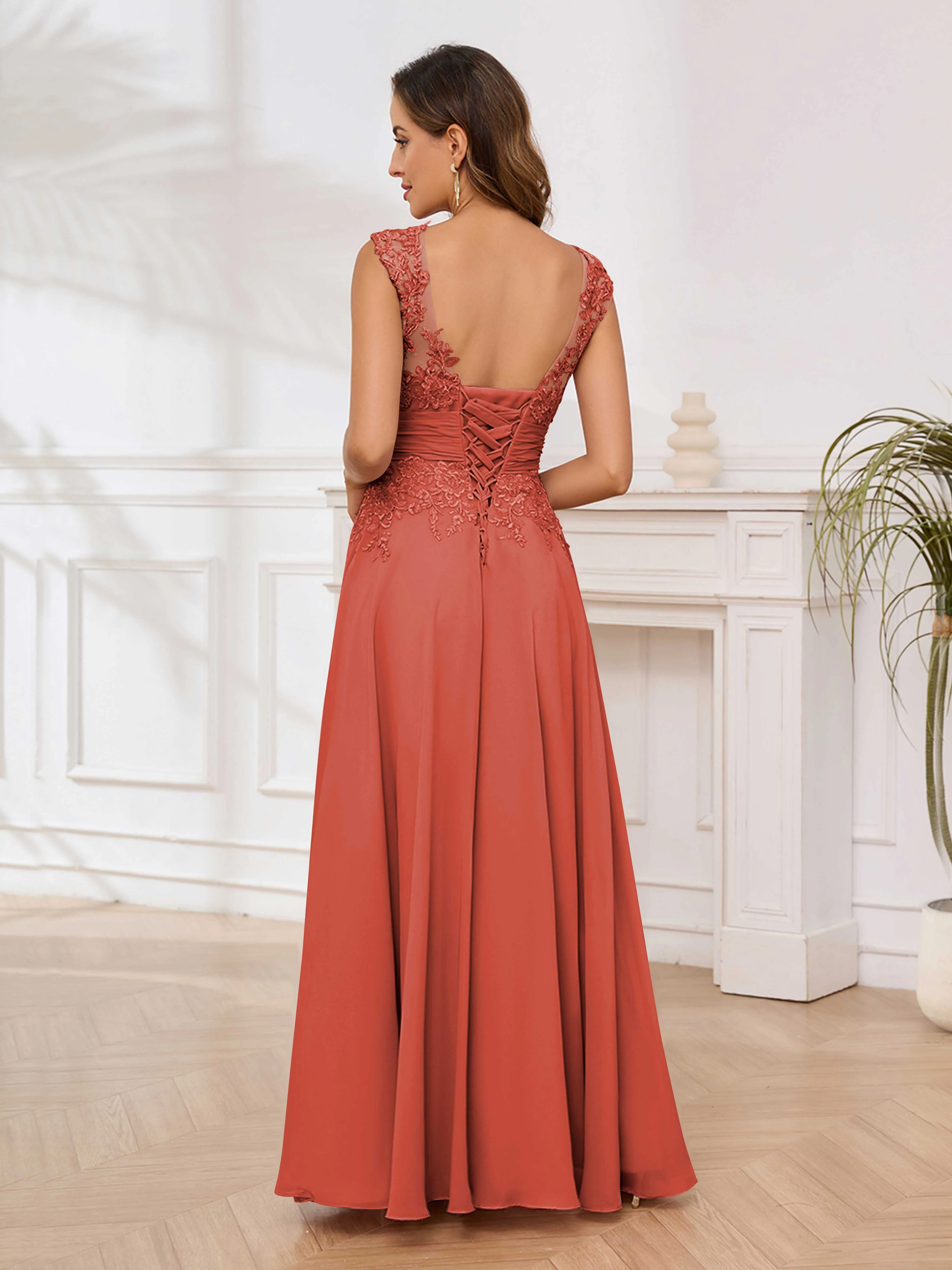 Ailani Delicate A-Line V Neck Lace Pleated Long Chiffon Mother of the Bride Dresses