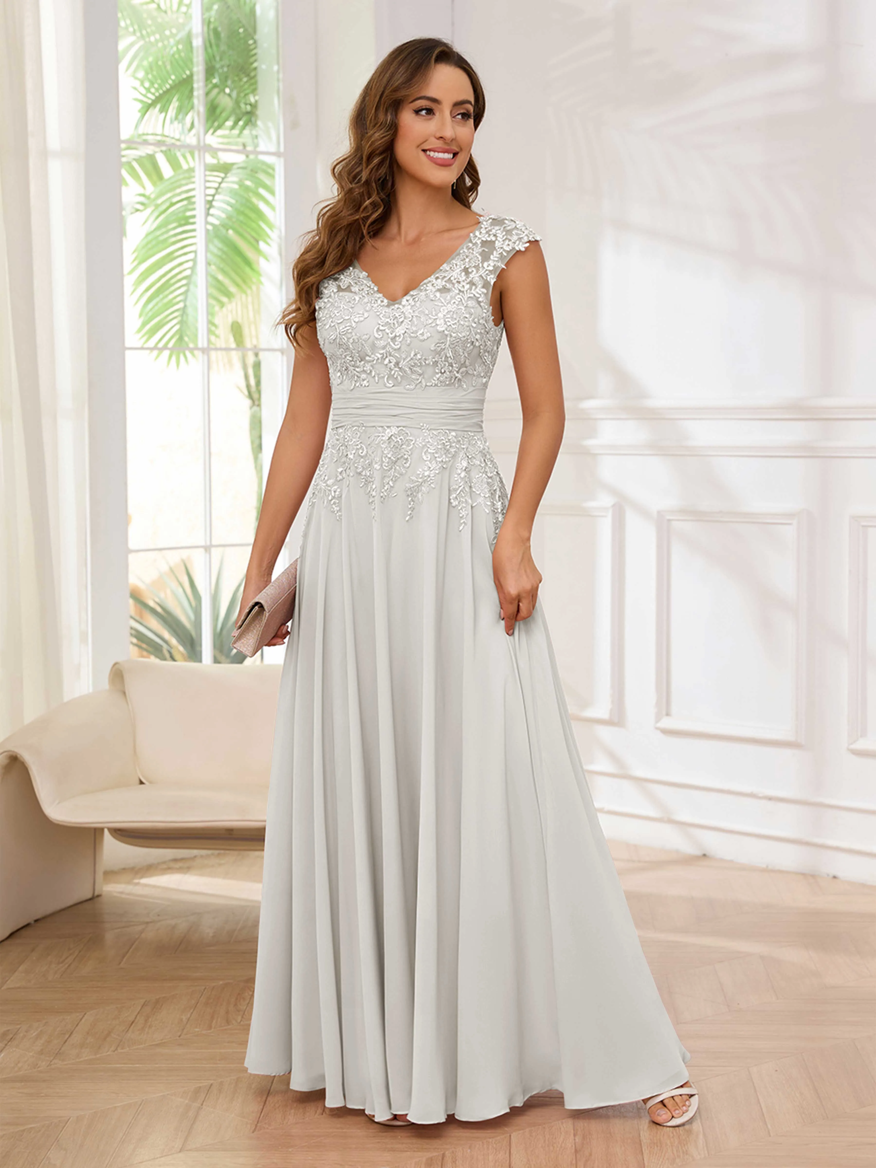Ailani Delicate A-Line V Neck Lace Pleated Long Chiffon Mother of the Bride Dresses