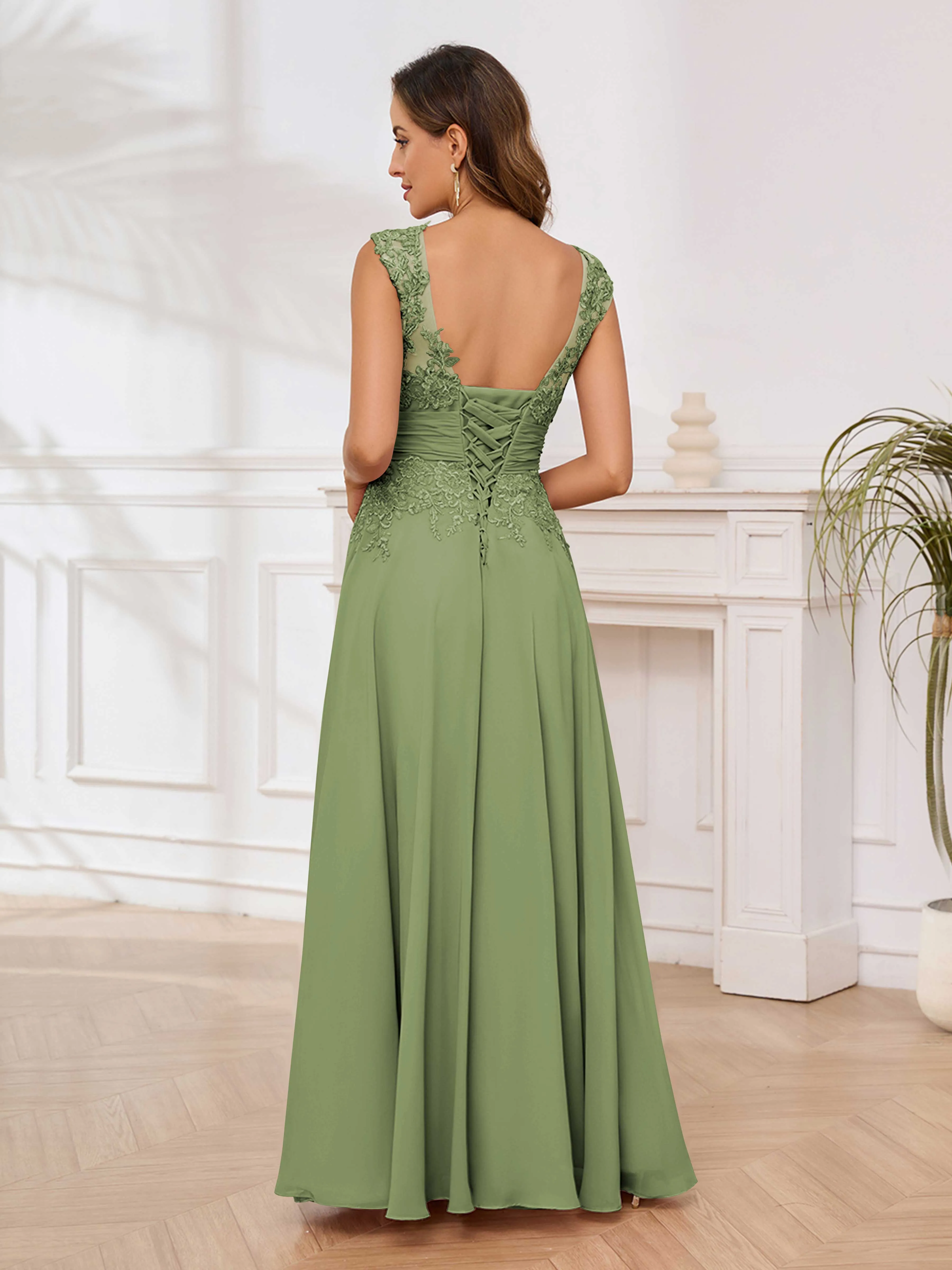 Ailani Delicate A-Line V Neck Lace Pleated Long Chiffon Mother of the Bride Dresses