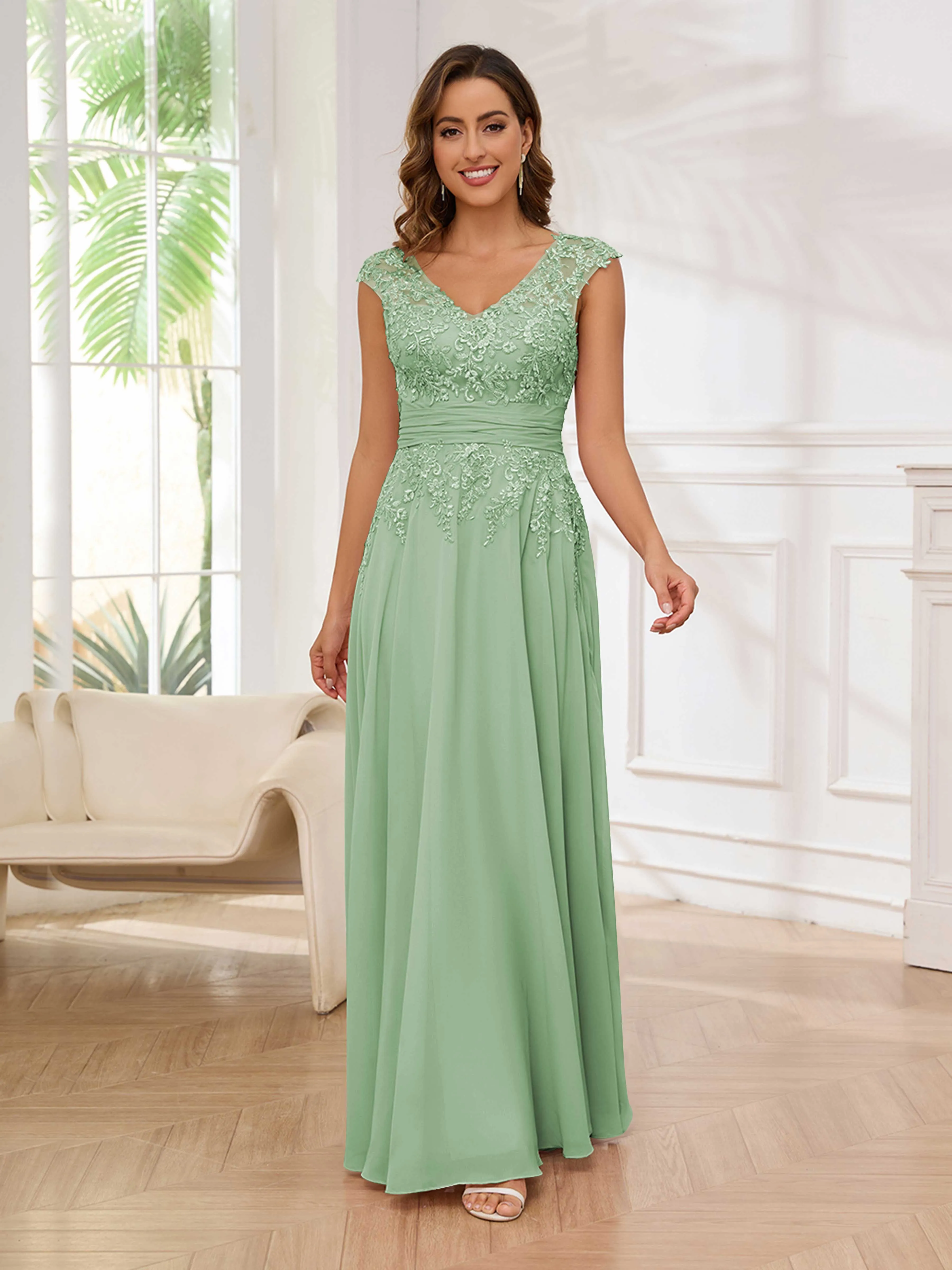 Ailani Delicate A-Line V Neck Lace Pleated Long Chiffon Mother of the Bride Dresses