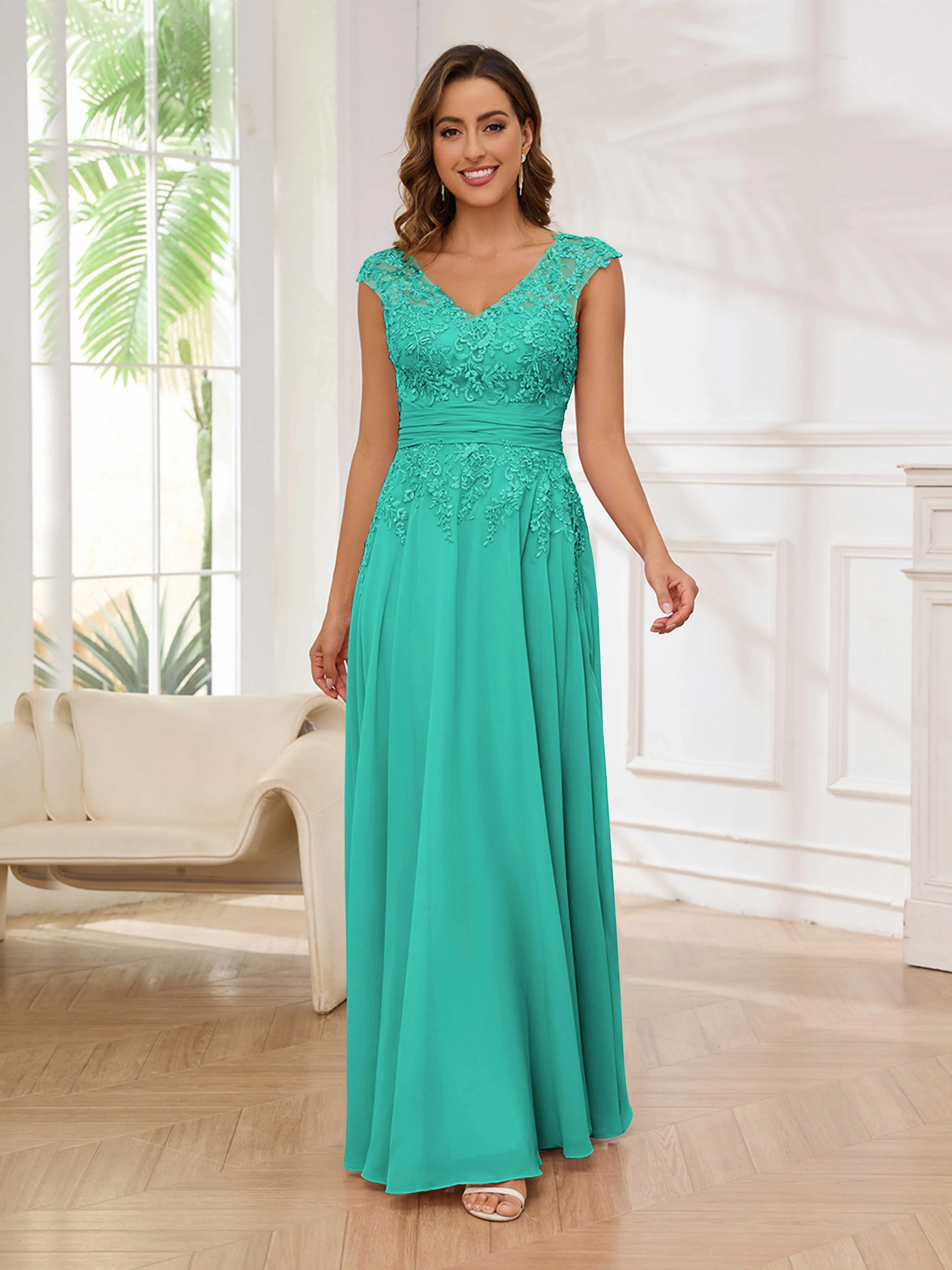 Ailani Delicate A-Line V Neck Lace Pleated Long Chiffon Mother of the Bride Dresses