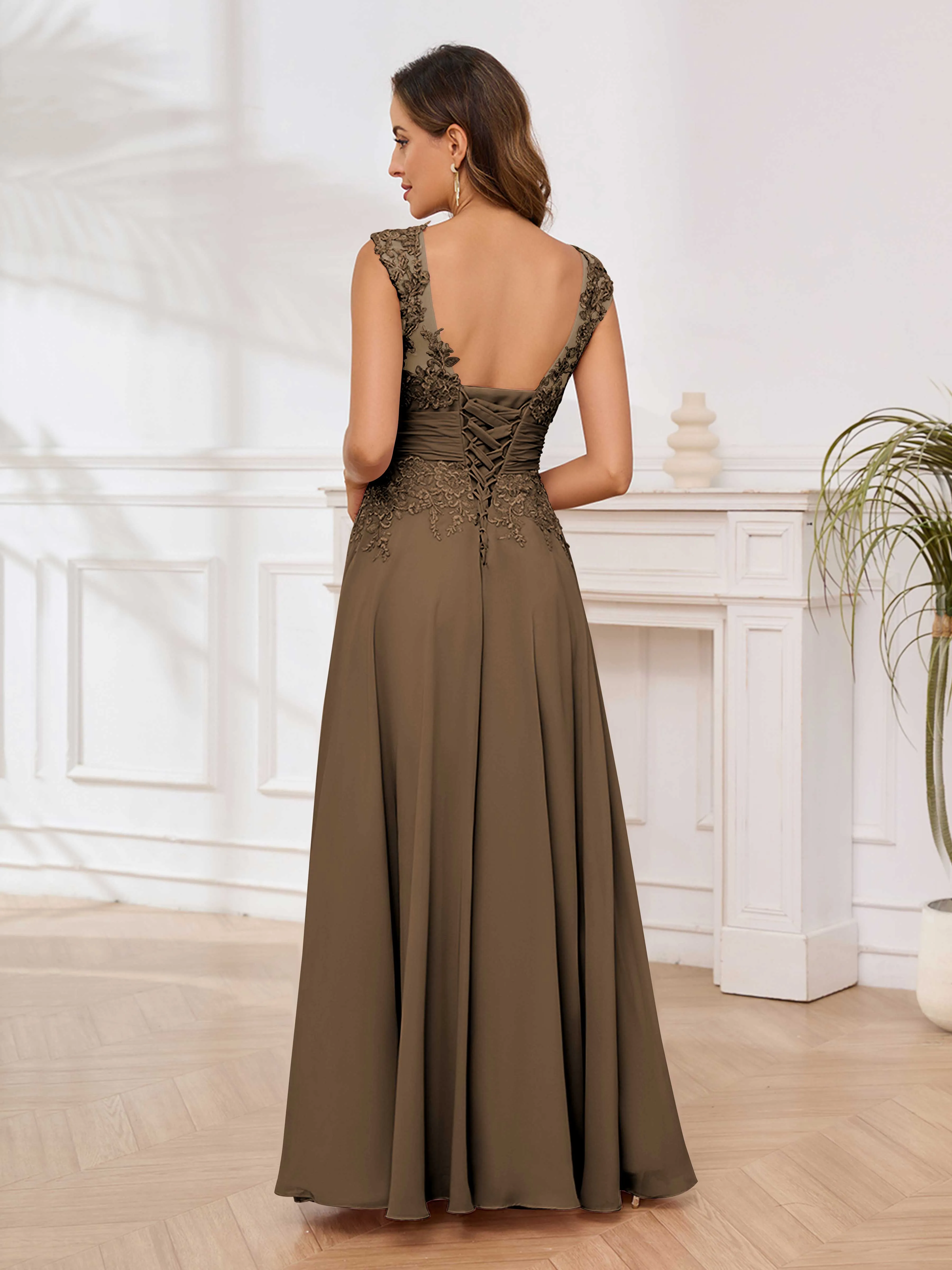 Ailani Delicate A-Line V Neck Lace Pleated Long Chiffon Mother of the Bride Dresses