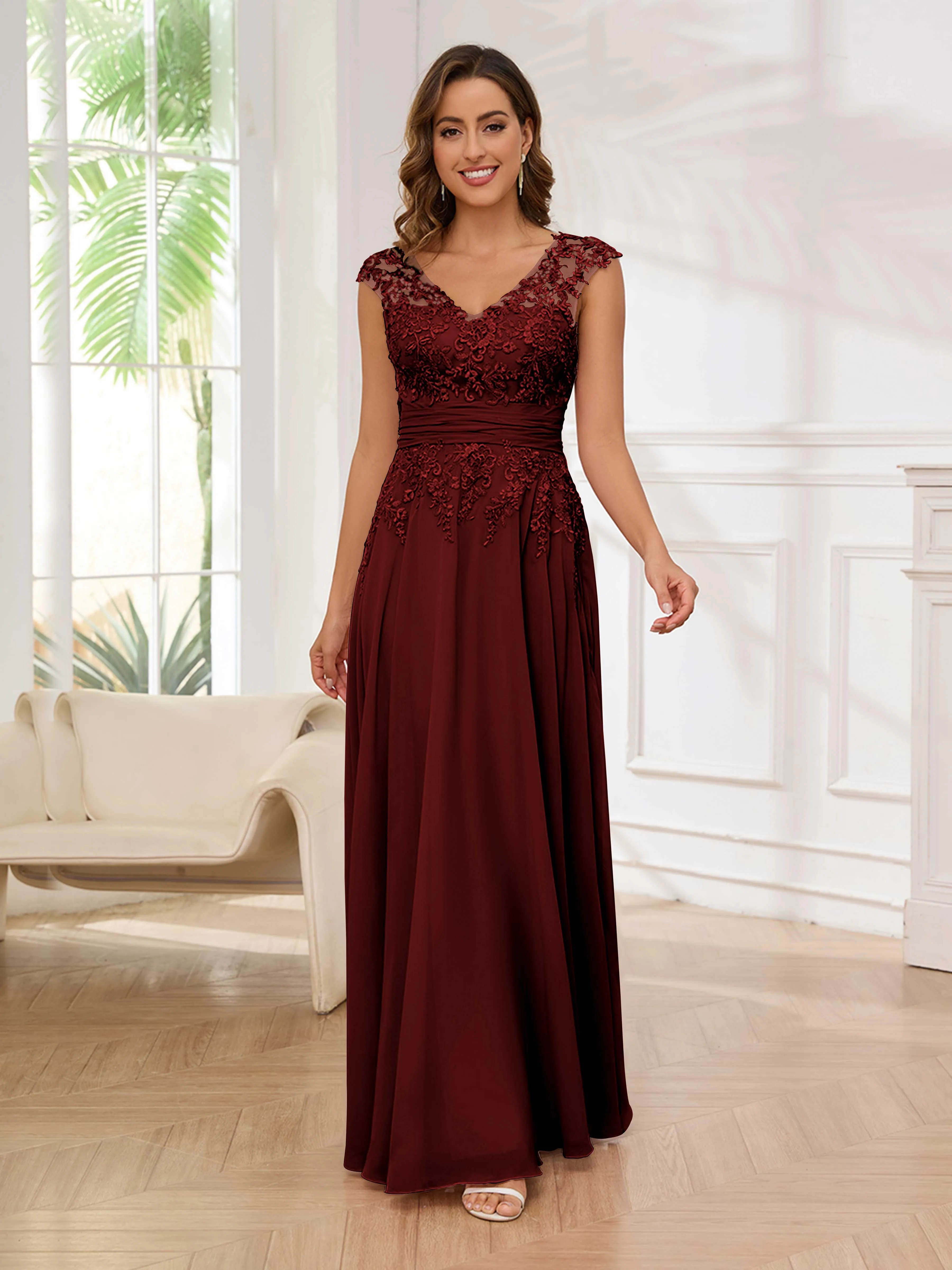 Ailani Delicate A-Line V Neck Lace Pleated Long Chiffon Mother of the Bride Dresses