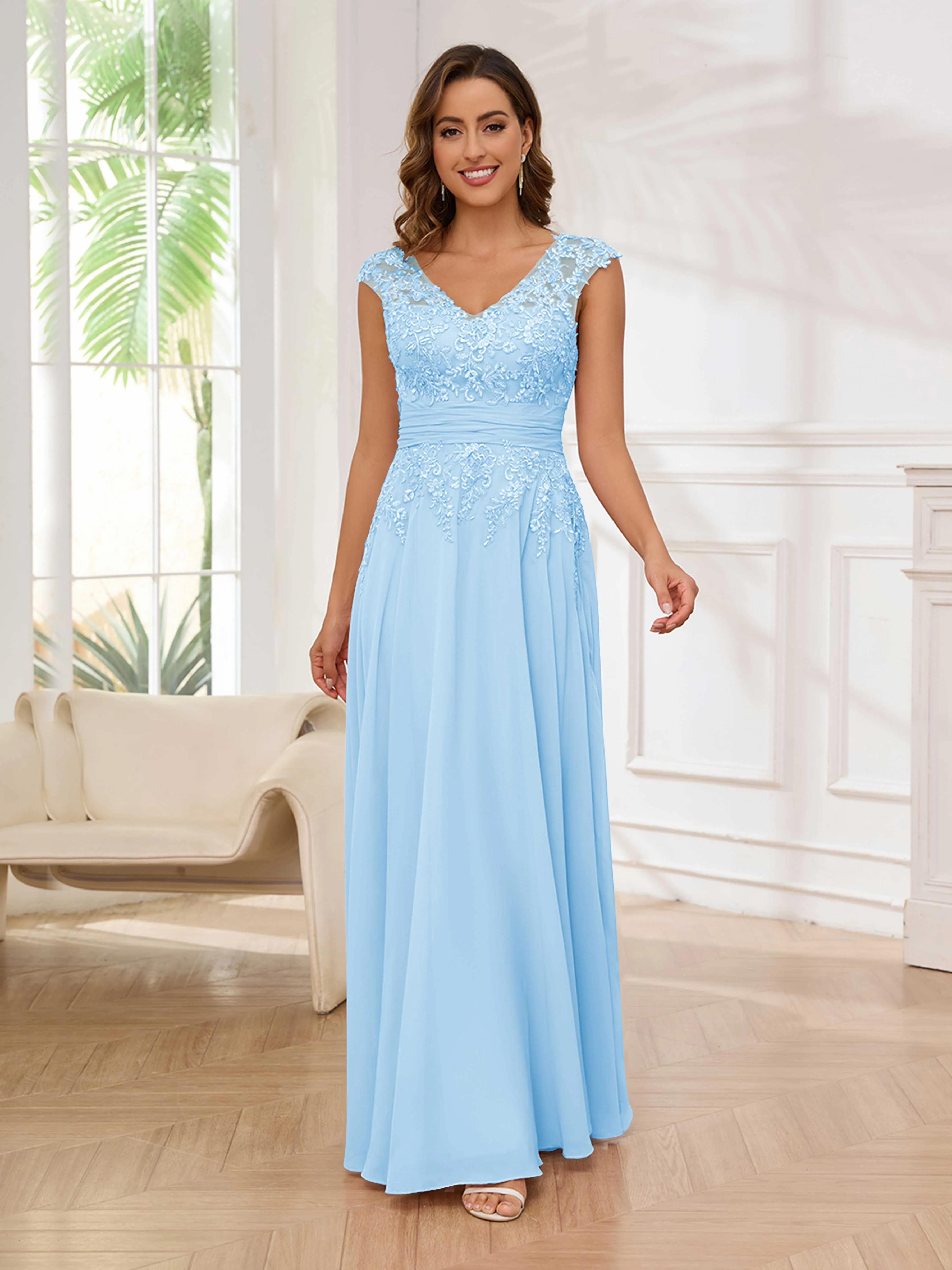 Ailani Delicate A-Line V Neck Lace Pleated Long Chiffon Mother of the Bride Dresses