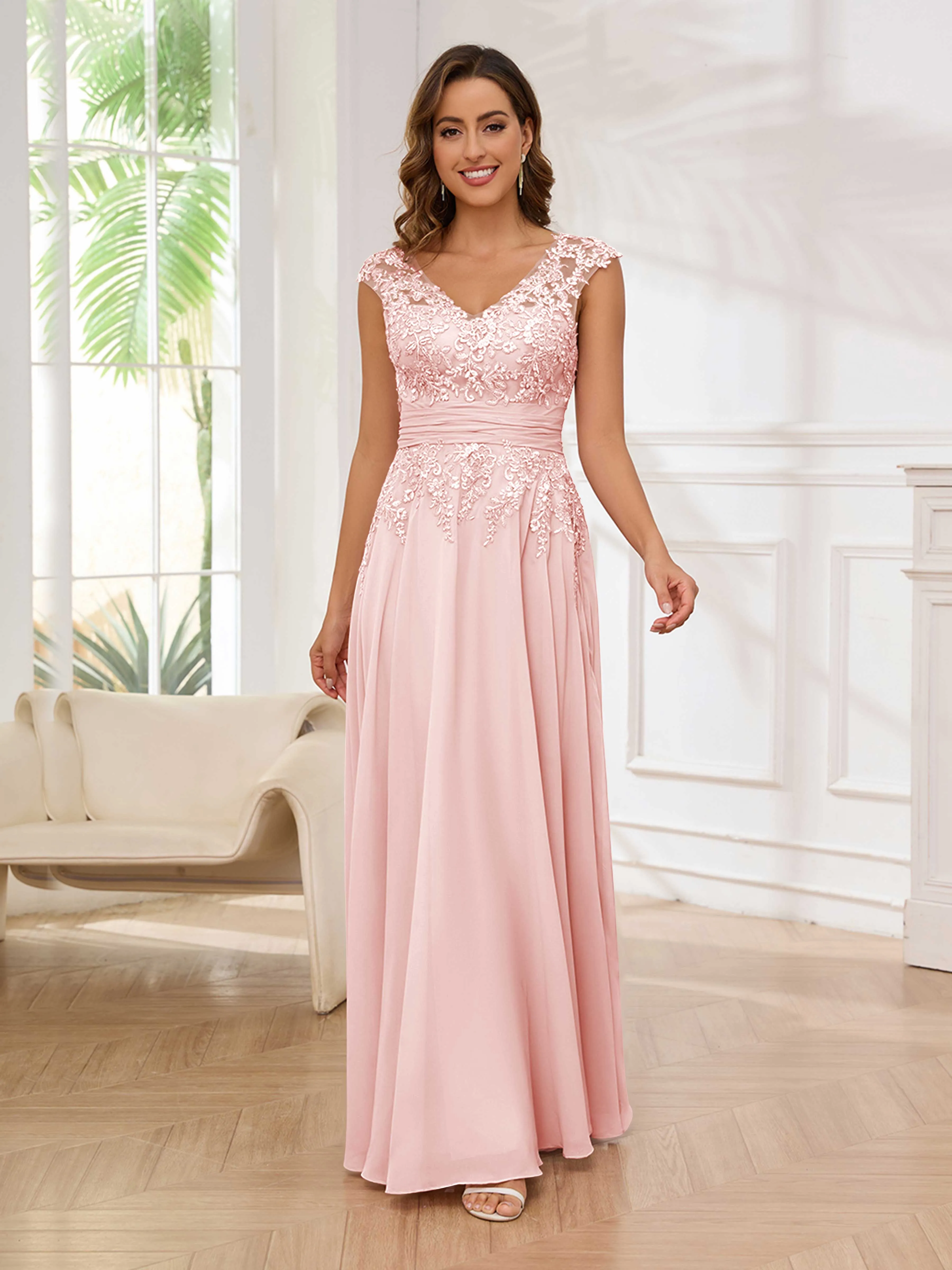 Ailani Delicate A-Line V Neck Lace Pleated Long Chiffon Mother of the Bride Dresses