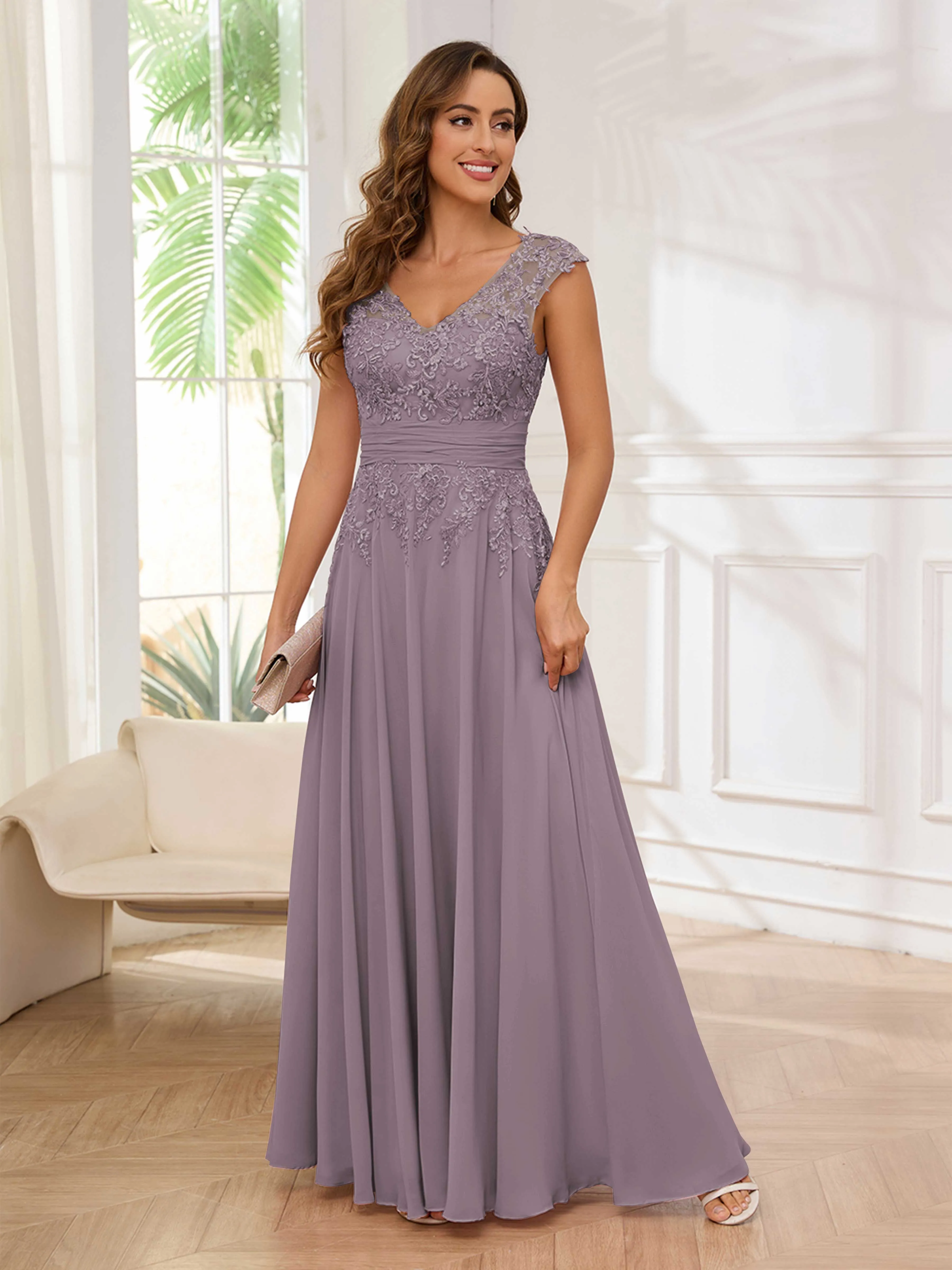 Ailani Delicate A-Line V Neck Lace Pleated Long Chiffon Mother of the Bride Dresses