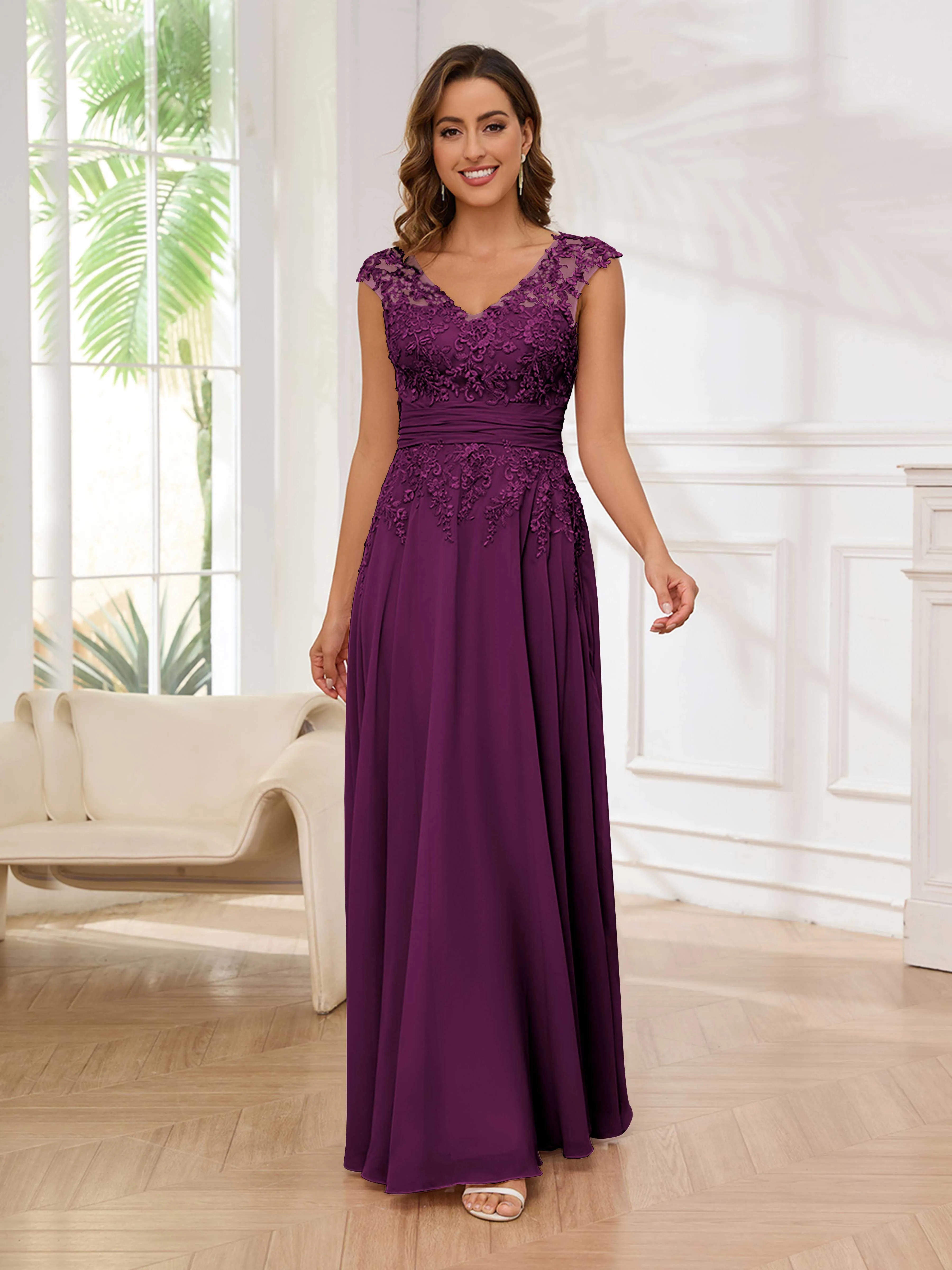 Ailani Delicate A-Line V Neck Lace Pleated Long Chiffon Mother of the Bride Dresses