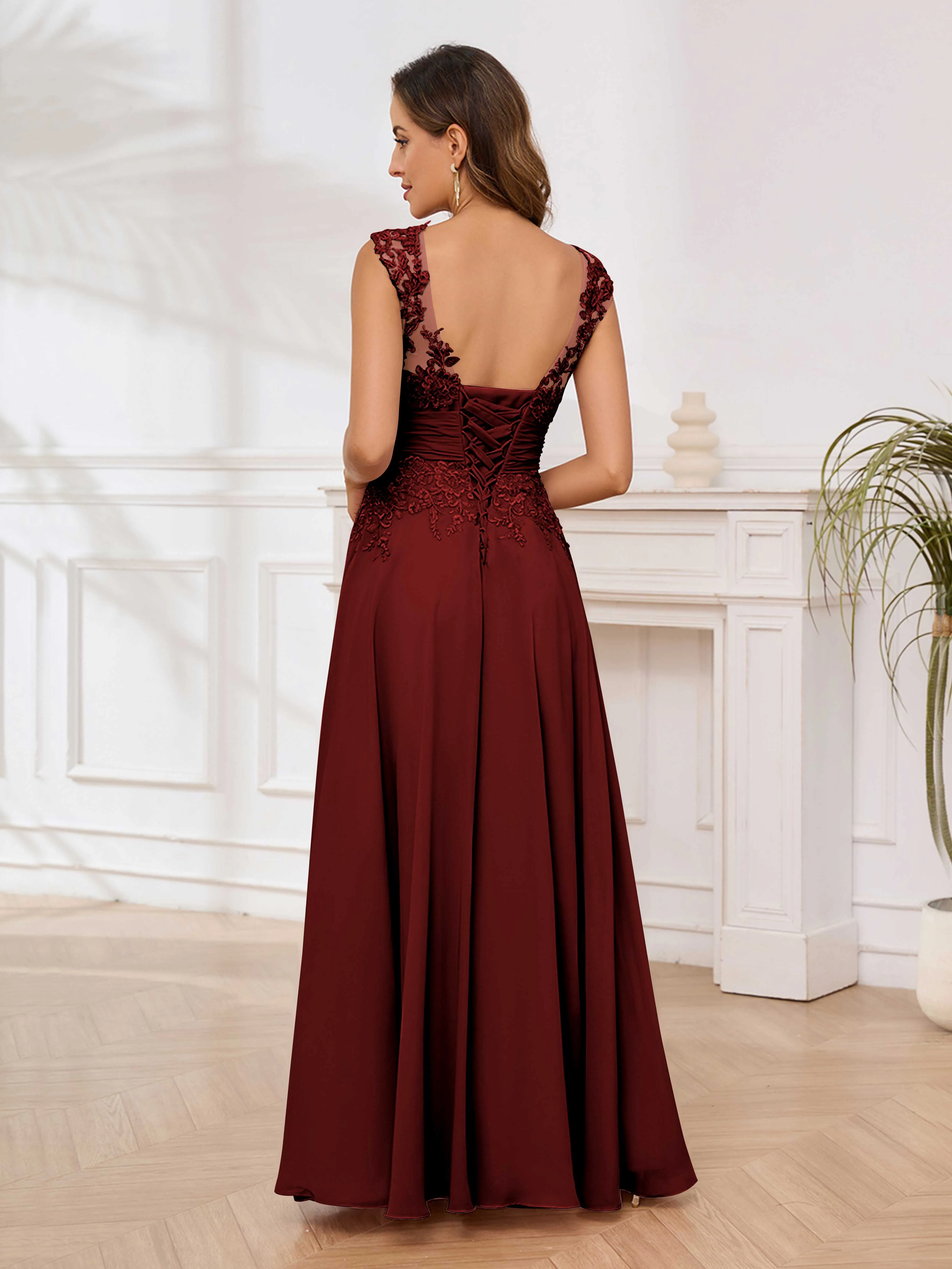 Ailani Delicate A-Line V Neck Lace Pleated Long Chiffon Mother of the Bride Dresses
