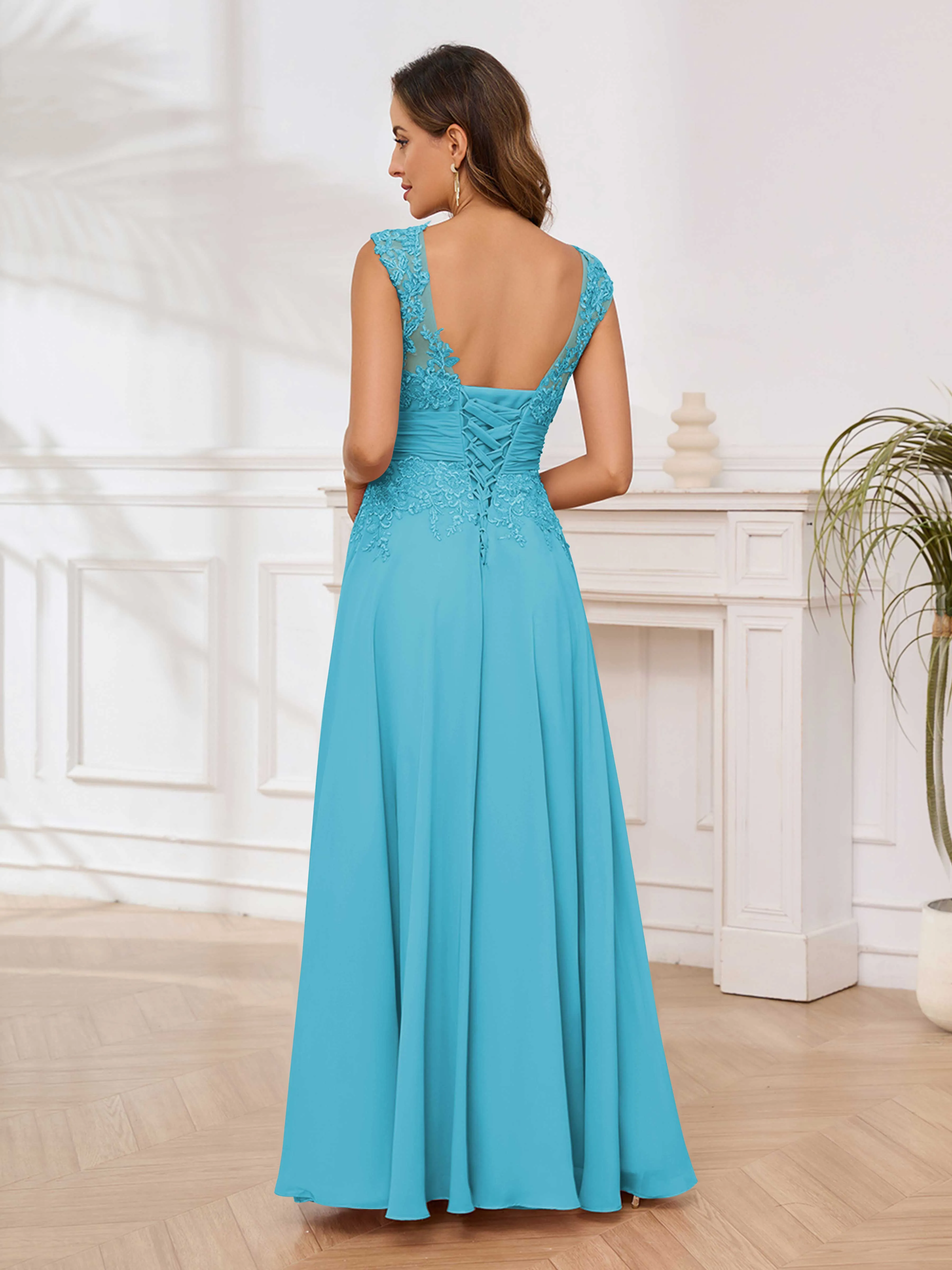 Ailani Delicate A-Line V Neck Lace Pleated Long Chiffon Mother of the Bride Dresses