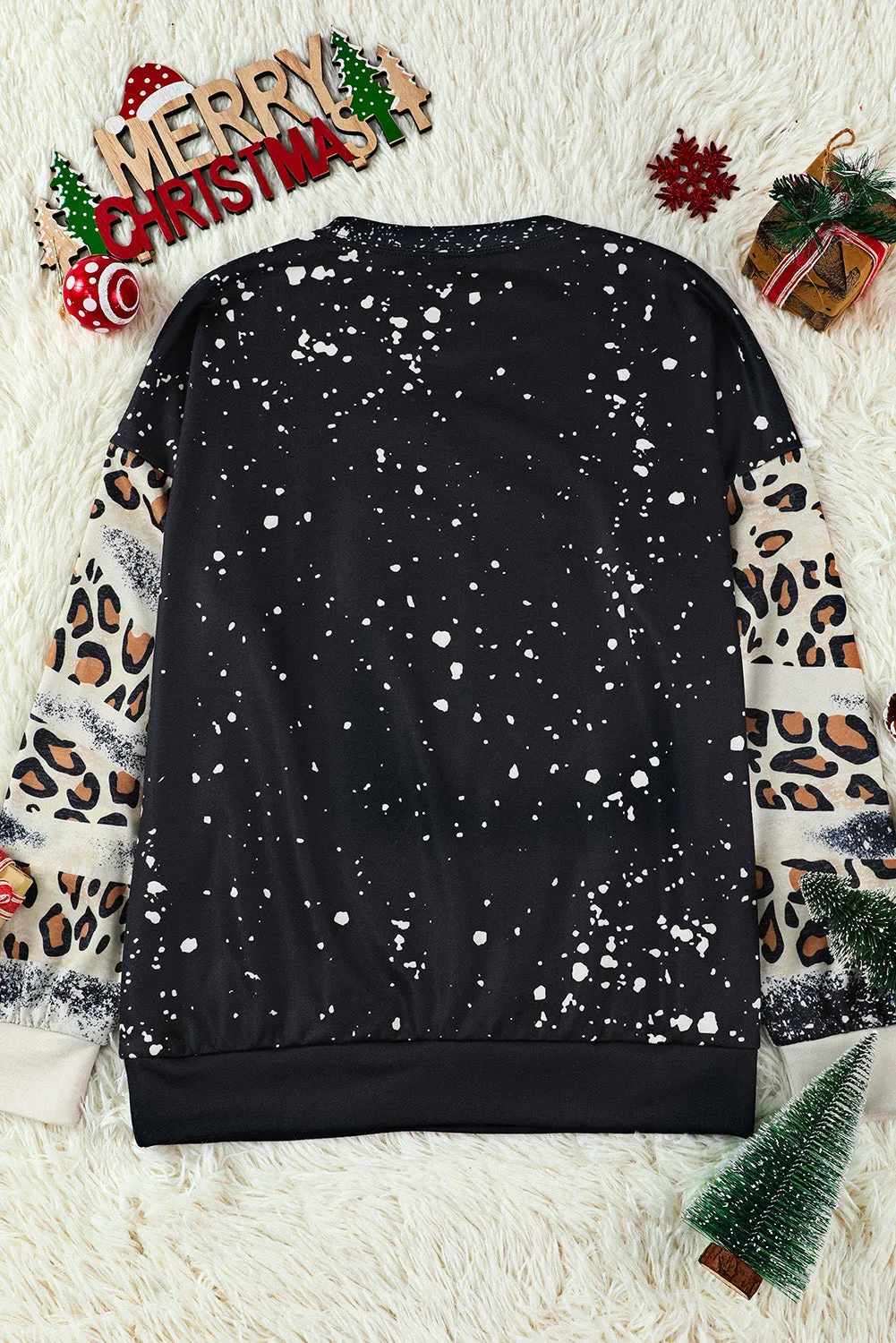 Black Christmas Vibes Skull Leopard Color Block Sweatshirt