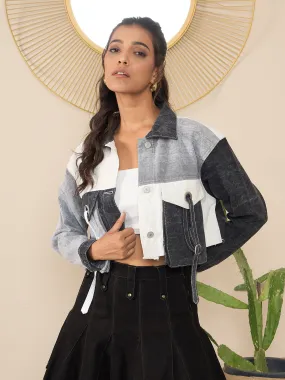Black Denim Color Blocking Patchwork Detail Crop Jacket