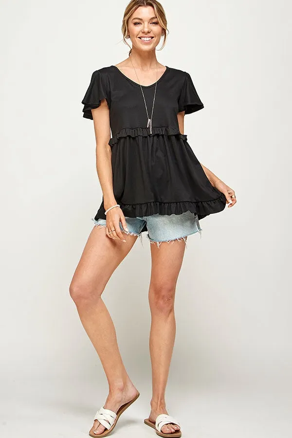 BLACK ROUND V-NECK RUFFLE DETAIL SHORT SLEEVE TOP