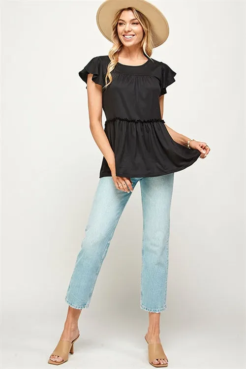 C24-B-2-MT2524 BLACK ROUND NECK RUFFLE SHORT SLEEVE TOP 2-2-2