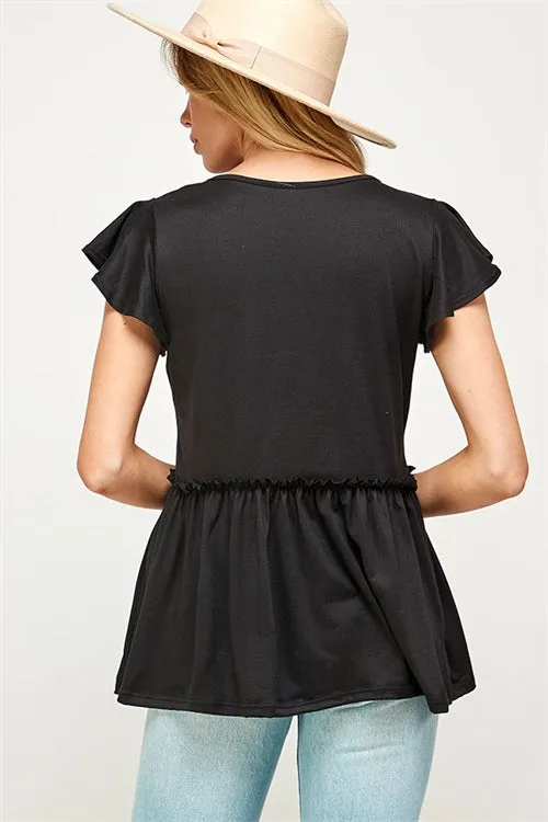 C24-B-2-MT2524 BLACK ROUND NECK RUFFLE SHORT SLEEVE TOP 2-2-2