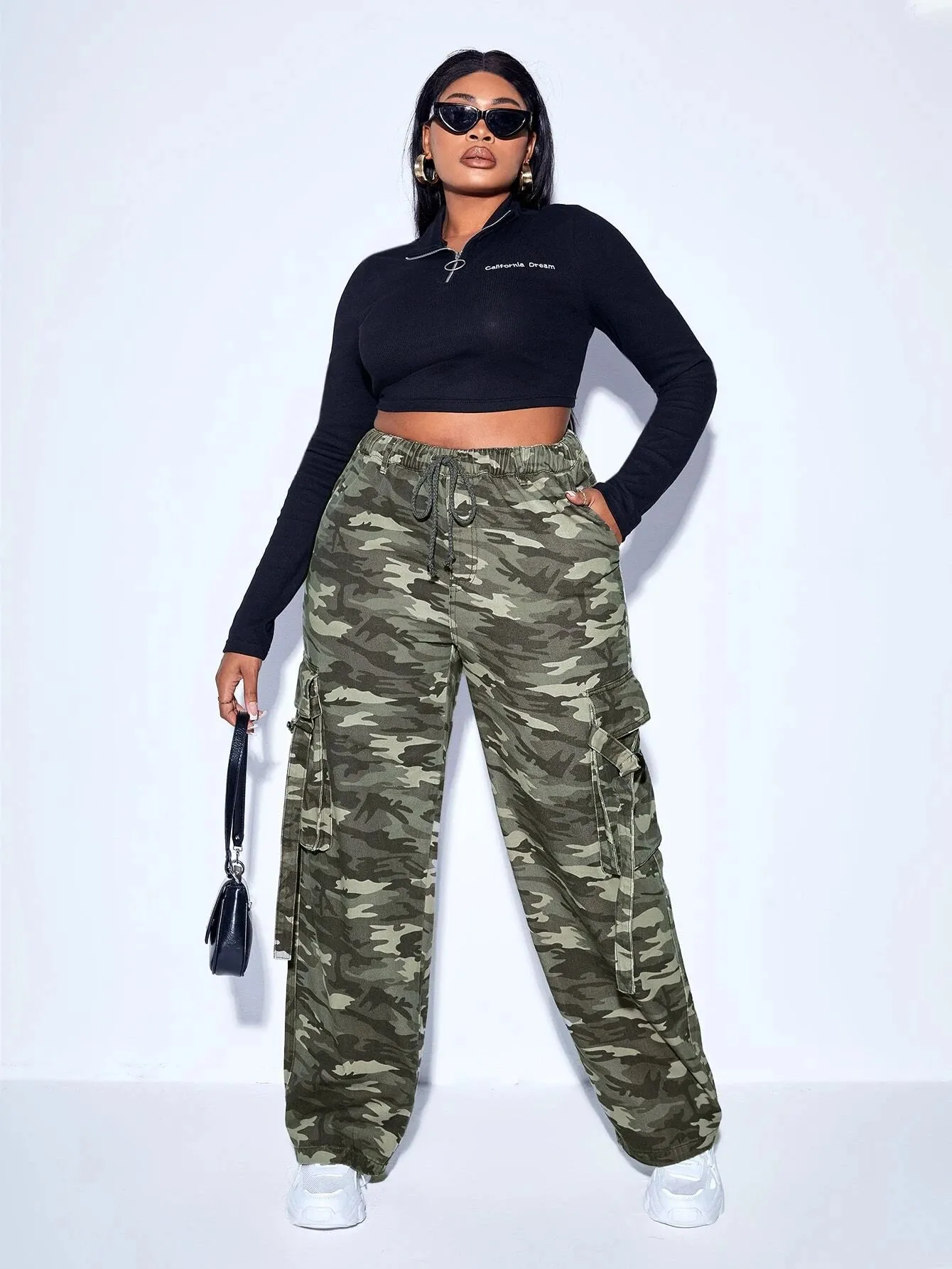 Camo Print Drawstring Waist Cargo Jeans