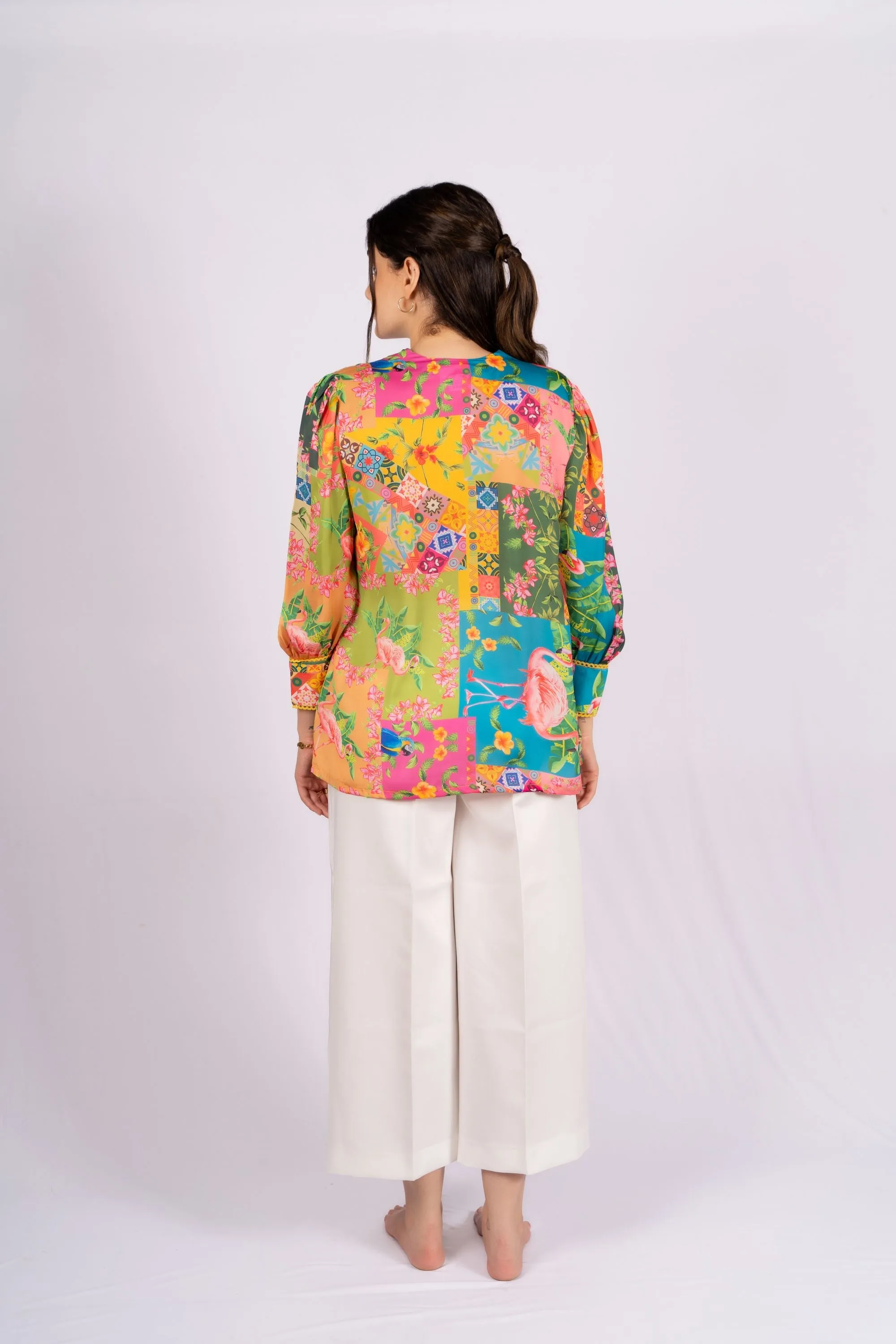 Cara Botanical Patch Print Satin Shirt