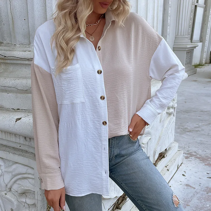 Cardigan Lapel Long Sleeve Colorblock Shirt Wholesale Womens Tops