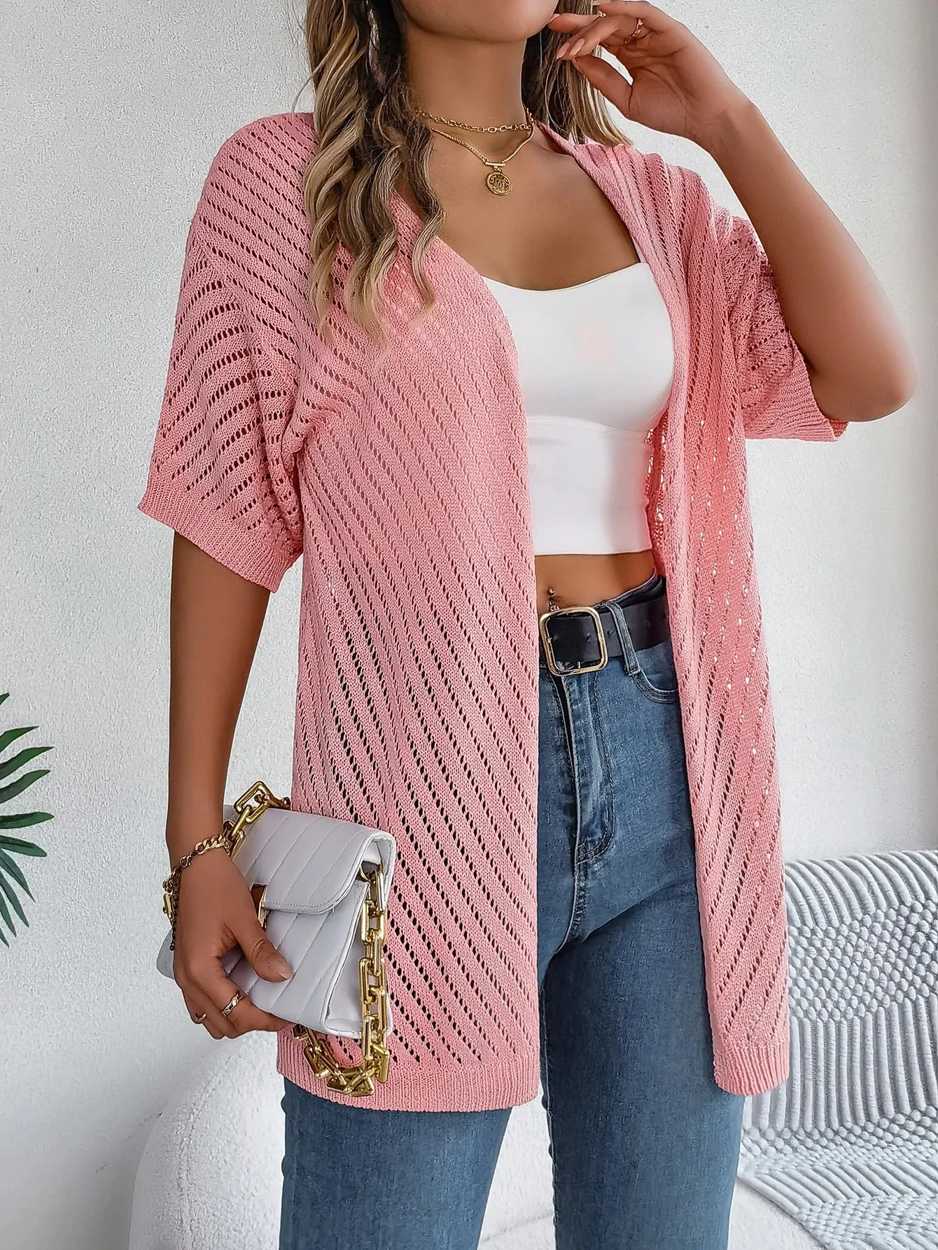Casual Solid Color Short Sleeve Hollow Out Knitted Blouse