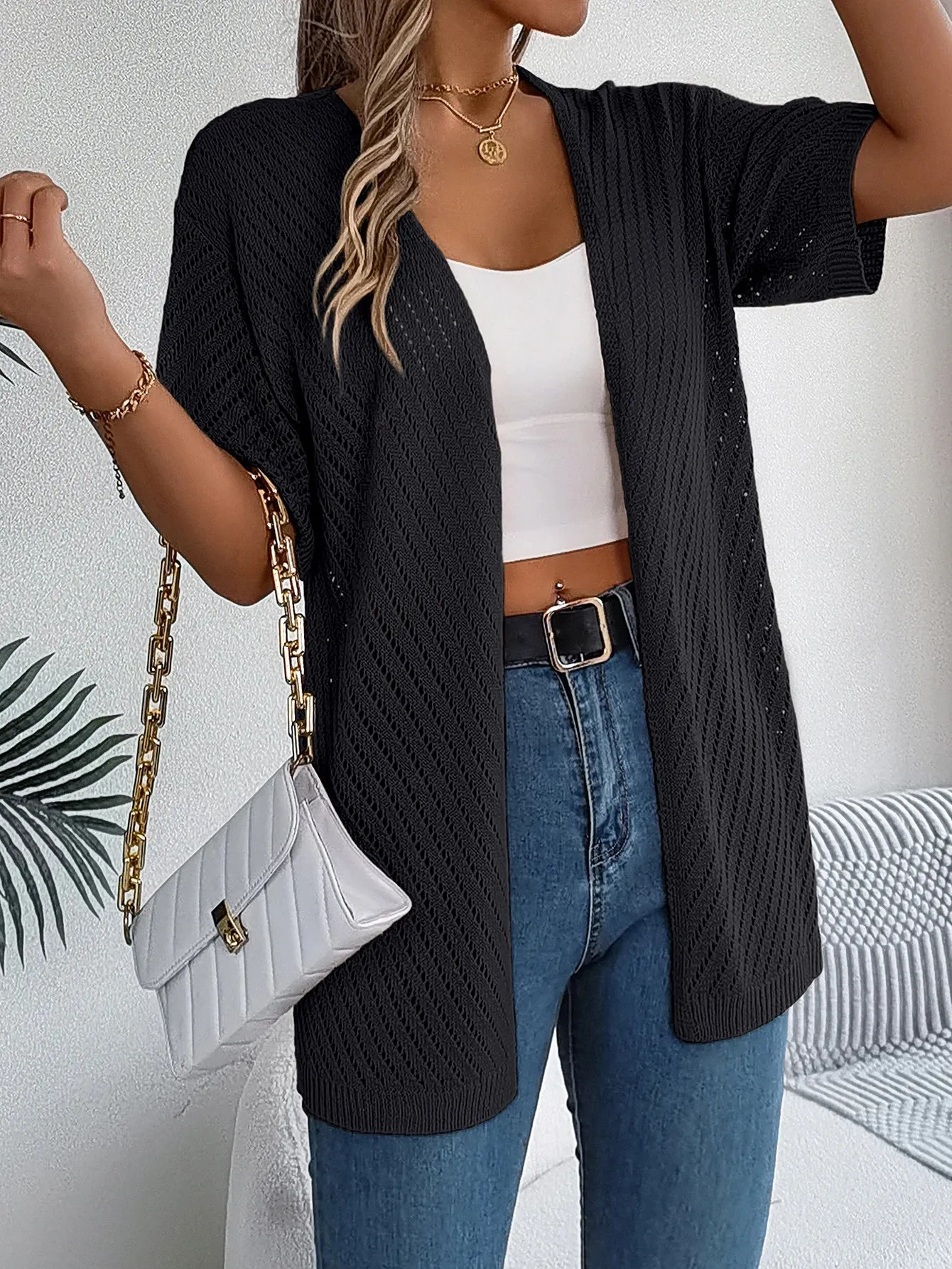 Casual Solid Color Short Sleeve Hollow Out Knitted Blouse