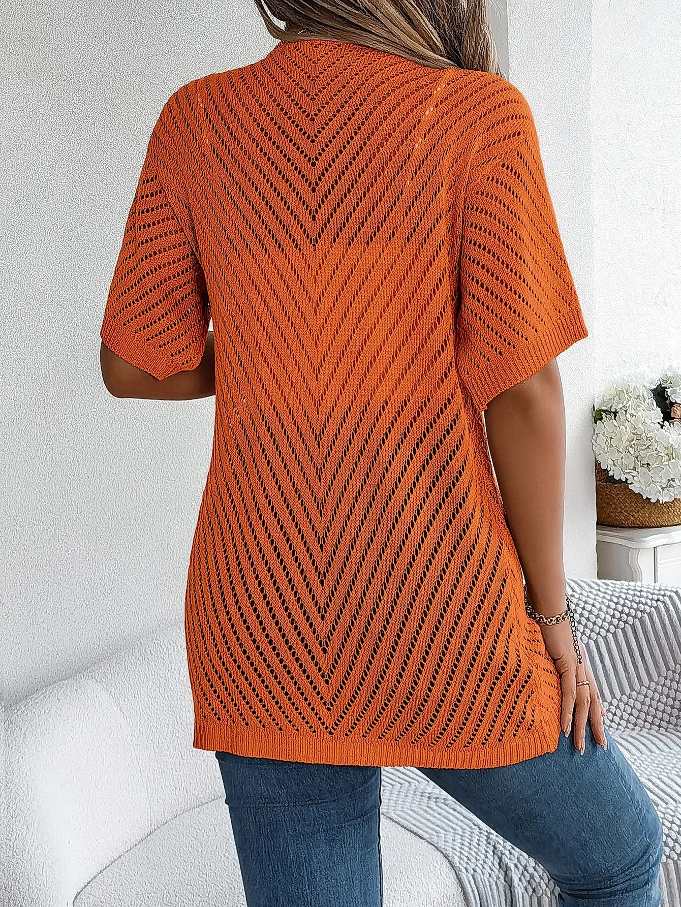 Casual Solid Color Short Sleeve Hollow Out Knitted Blouse