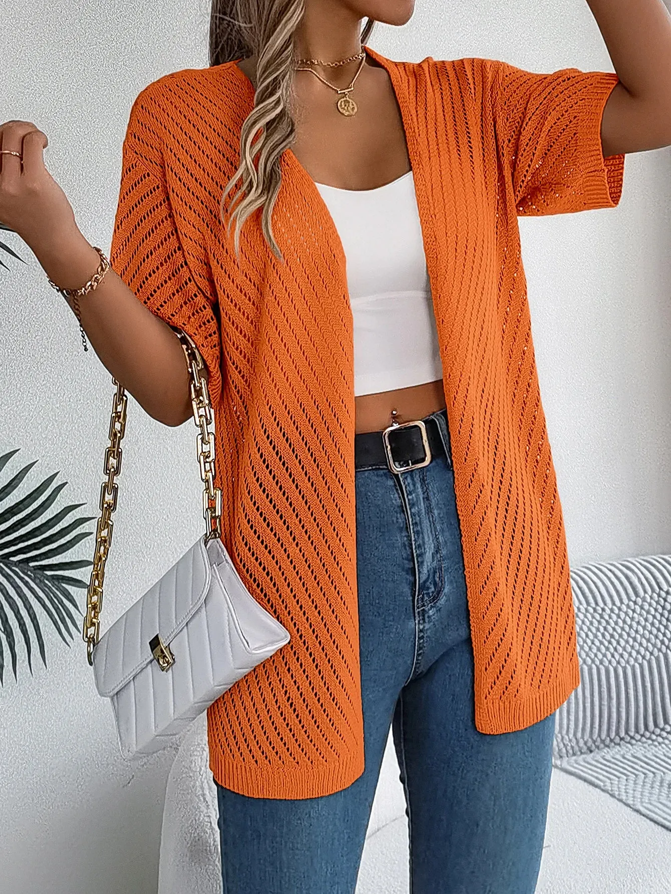 Casual Solid Color Short Sleeve Hollow Out Knitted Blouse