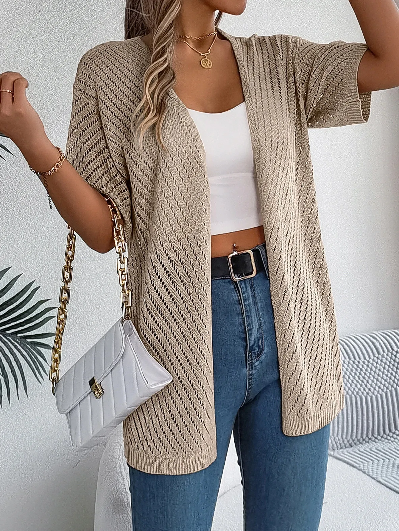 Casual Solid Color Short Sleeve Hollow Out Knitted Blouse