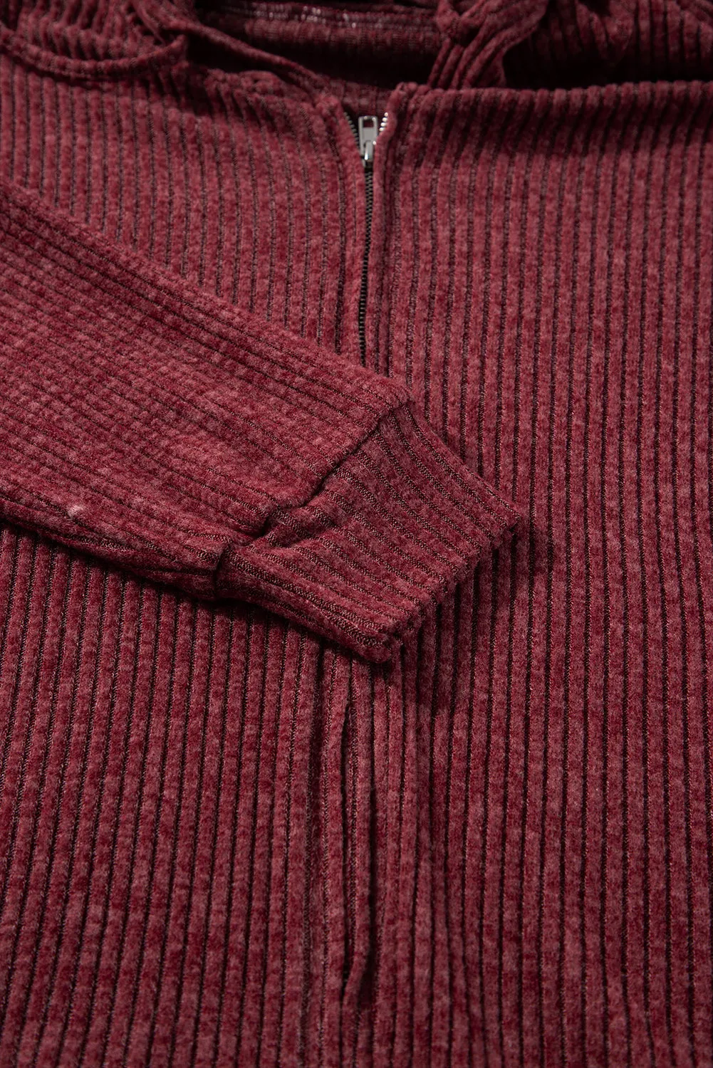 Dahlia Ribbed Zip Up Front Drawstring Hoodie