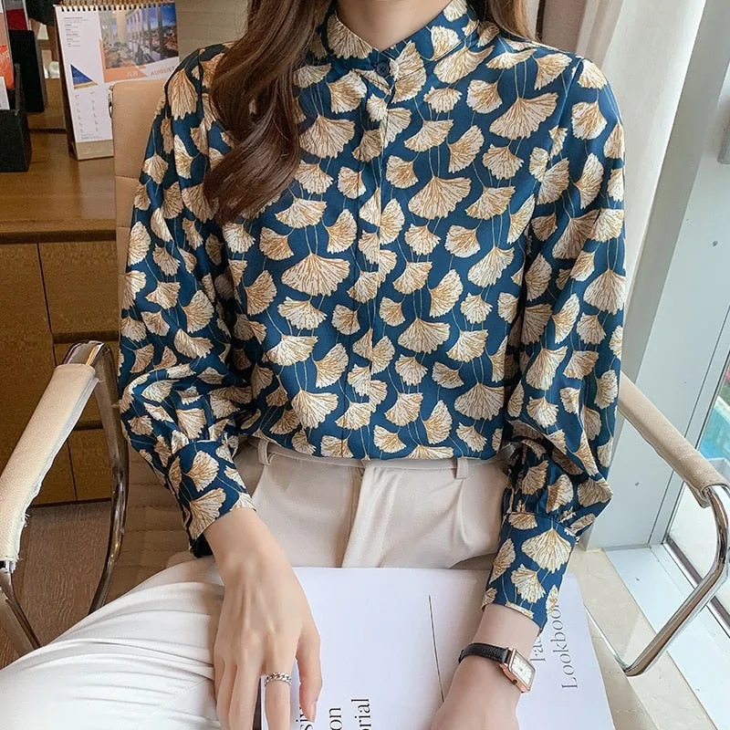 deanwangkt style Women's Blouses leafs printing ladies shirts  Spring Autumn Long Sleeve Shirts Tops Blusas Mujer
