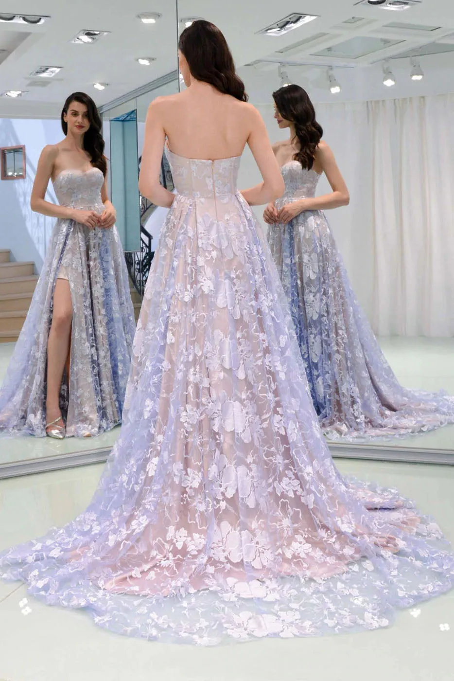 Delicate Strapless Low Back A Line Long Floral Prom Dresses