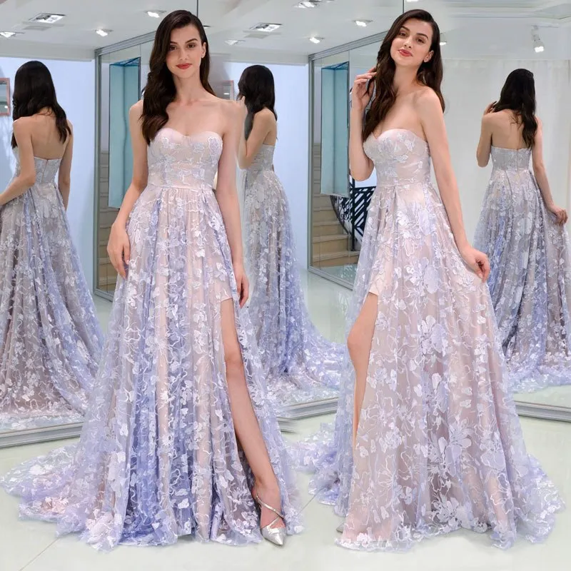Delicate Strapless Low Back A Line Long Floral Prom Dresses