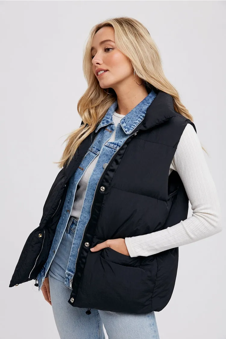 Denim Layer Puffer Vest (Black)
