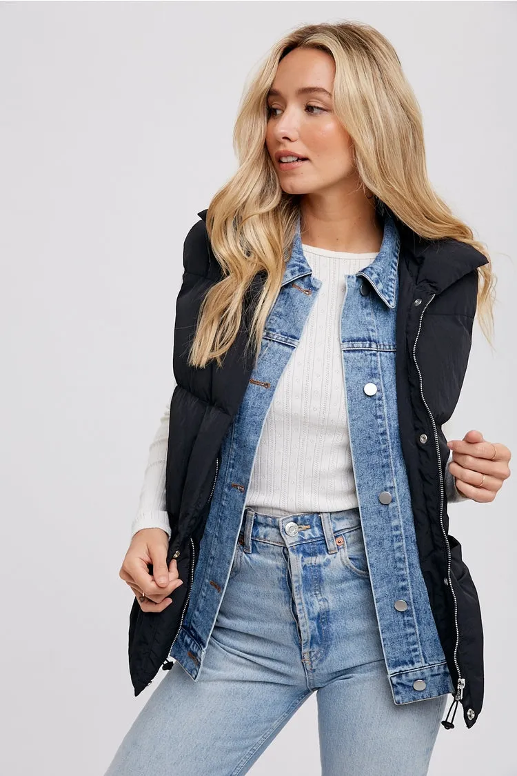 Denim Layer Puffer Vest (Black)