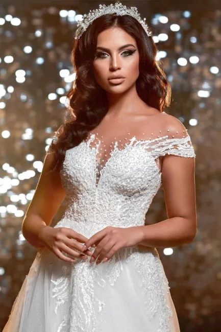 Elegant off-the-shoulder jewel cap sleeves a-line lace Wedding dress
