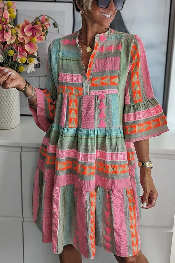 Elegant Women's Loose Casual Print Dresses Spring/Summer Fashion V-Neck Cotton Hemp 3/4 Sleeve Dress Women Streetwear S-XL