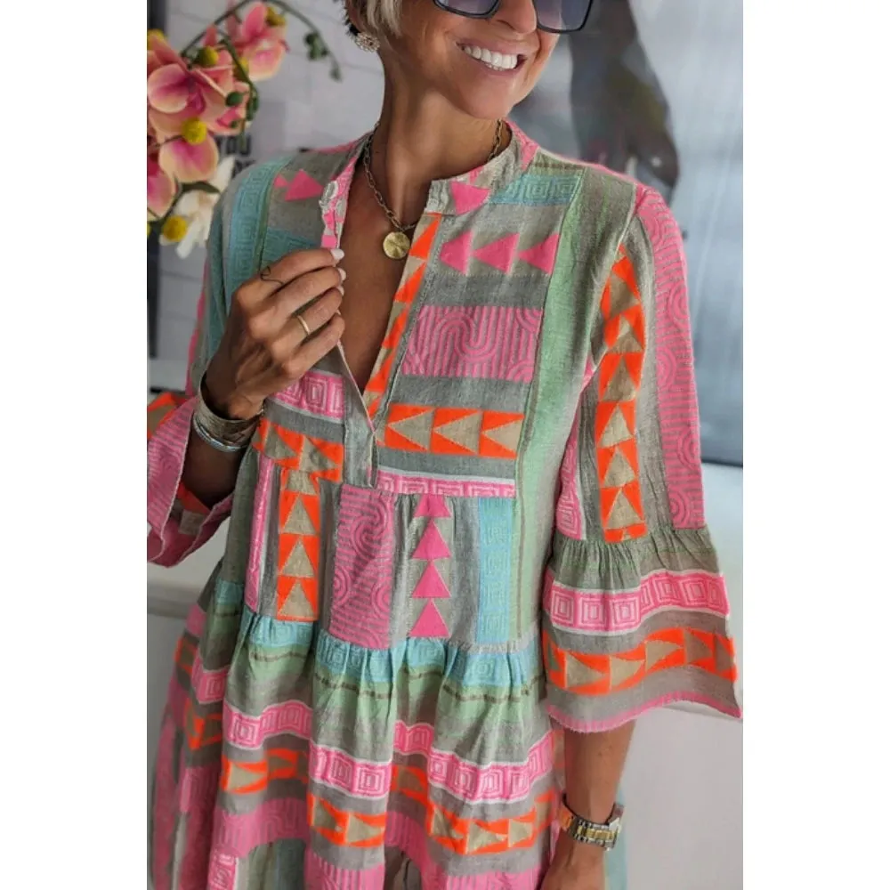 Elegant Women's Loose Casual Print Dresses Spring/Summer Fashion V-Neck Cotton Hemp 3/4 Sleeve Dress Women Streetwear S-XL