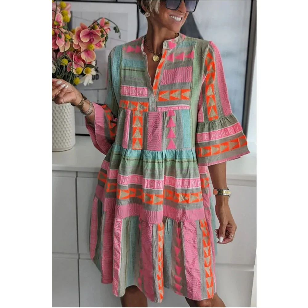 Elegant Women's Loose Casual Print Dresses Spring/Summer Fashion V-Neck Cotton Hemp 3/4 Sleeve Dress Women Streetwear S-XL