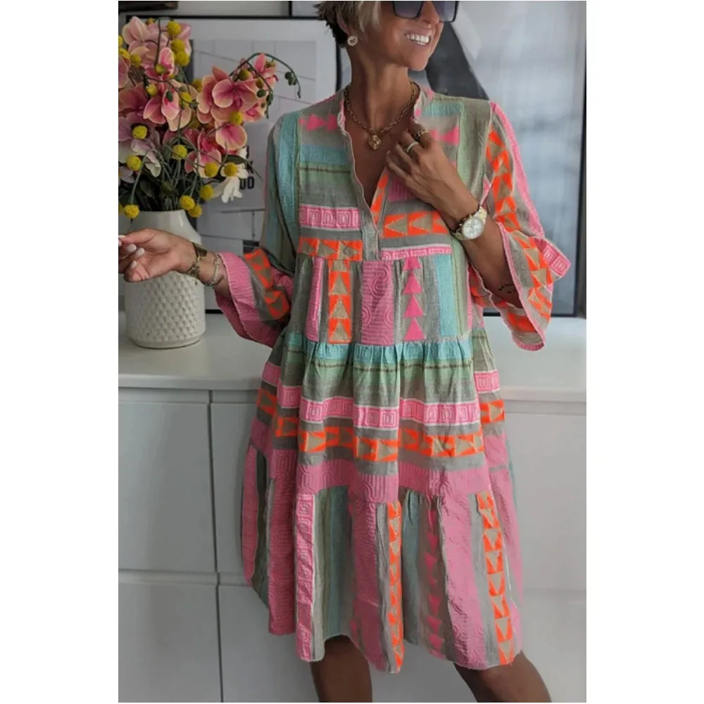 Elegant Women's Loose Casual Print Dresses Spring/Summer Fashion V-Neck Cotton Hemp 3/4 Sleeve Dress Women Streetwear S-XL