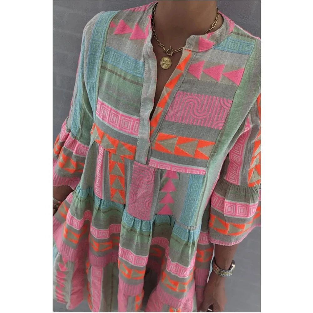 Elegant Women's Loose Casual Print Dresses Spring/Summer Fashion V-Neck Cotton Hemp 3/4 Sleeve Dress Women Streetwear S-XL