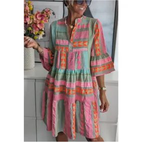 Elegant Women's Loose Casual Print Dresses Spring/Summer Fashion V-Neck Cotton Hemp 3/4 Sleeve Dress Women Streetwear S-XL