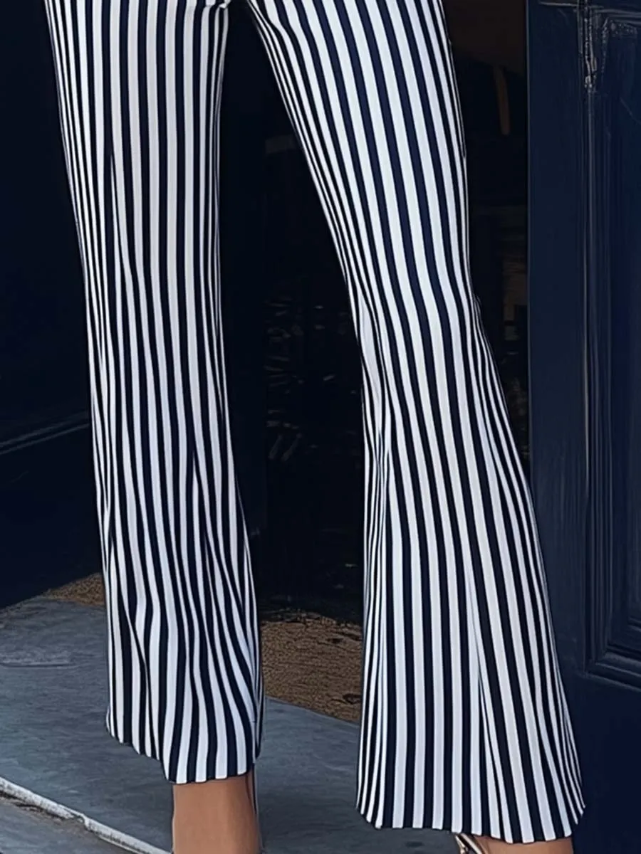 Fashionable Personality Navy Blue Striped Metal Belt White Pants