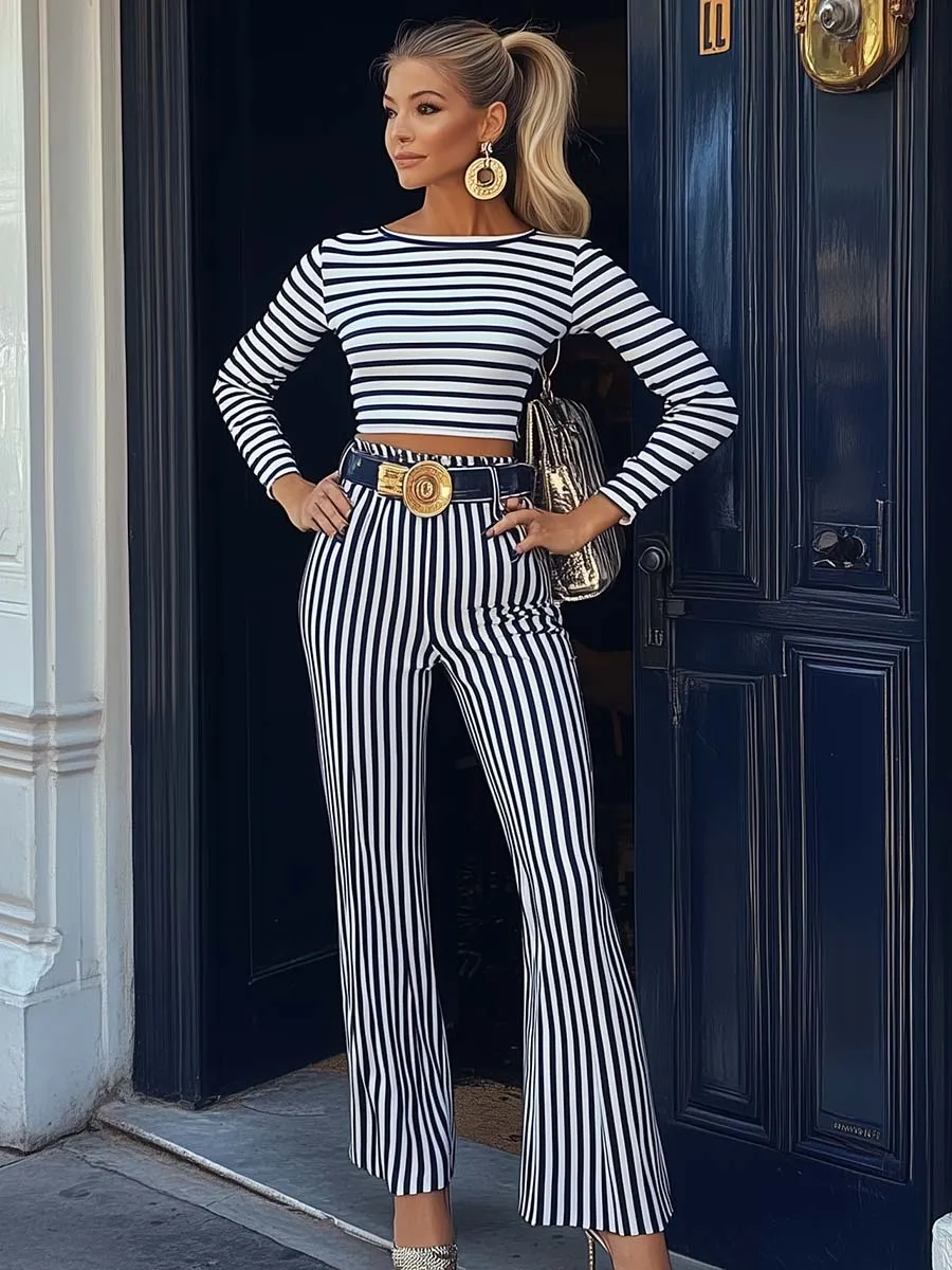 Fashionable Personality Navy Blue Striped Metal Belt White Pants
