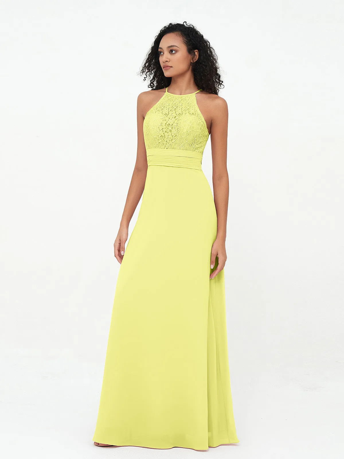Halter Lace Top and Chiffon Open Back Dresses Daffodil Plus Size