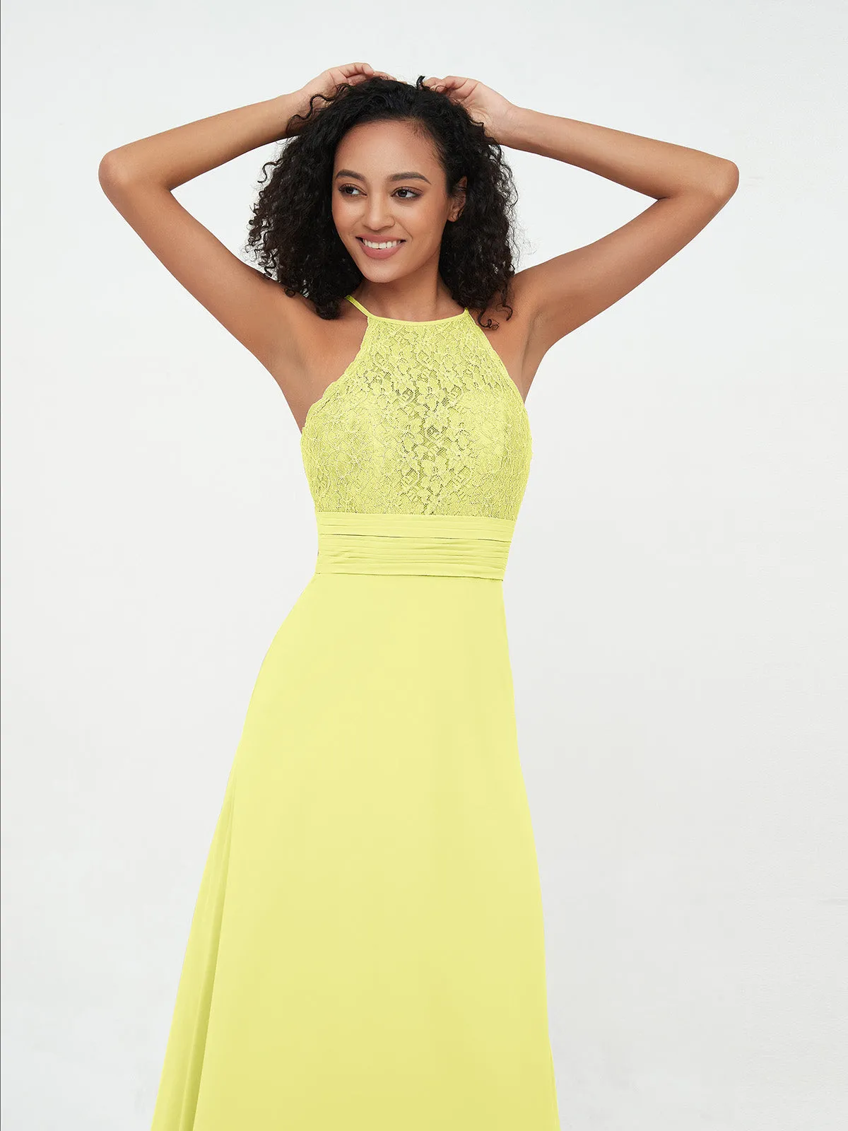 Halter Lace Top and Chiffon Open Back Dresses Daffodil Plus Size