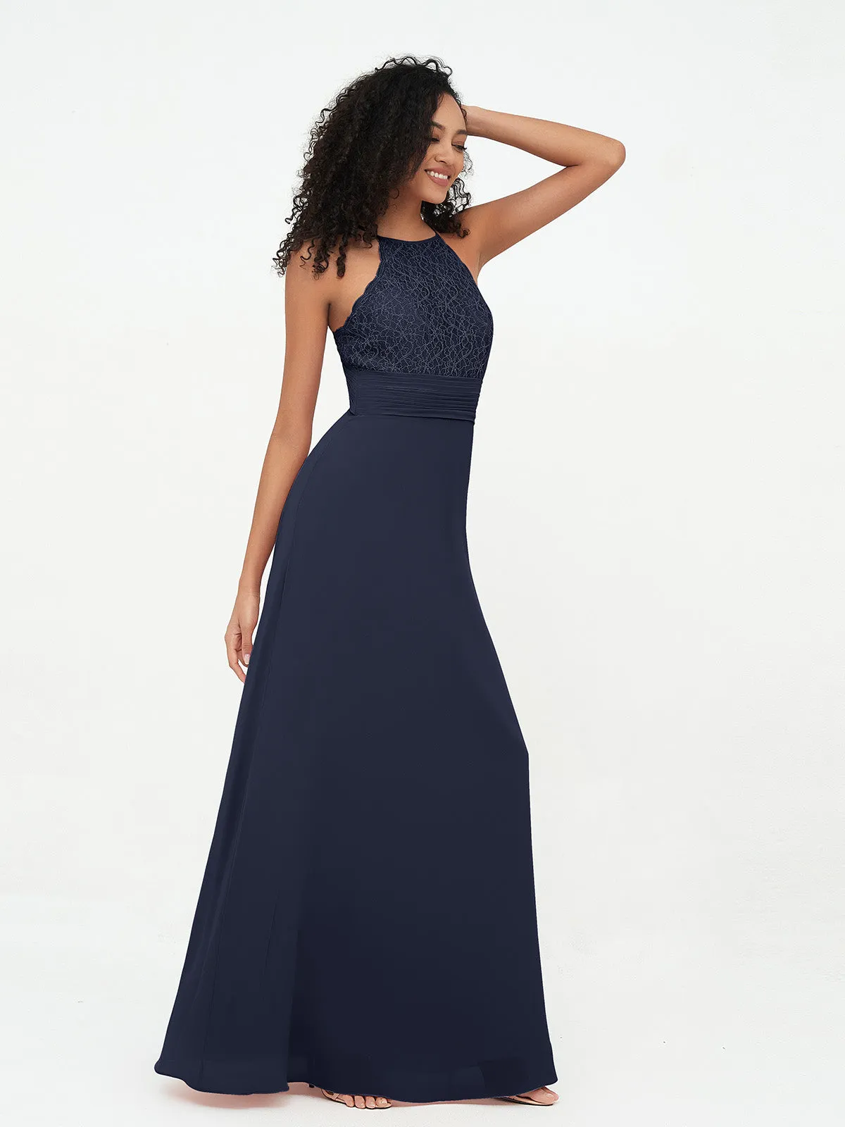 Halter Lace Top and Chiffon Open Back Dresses Dark Navy