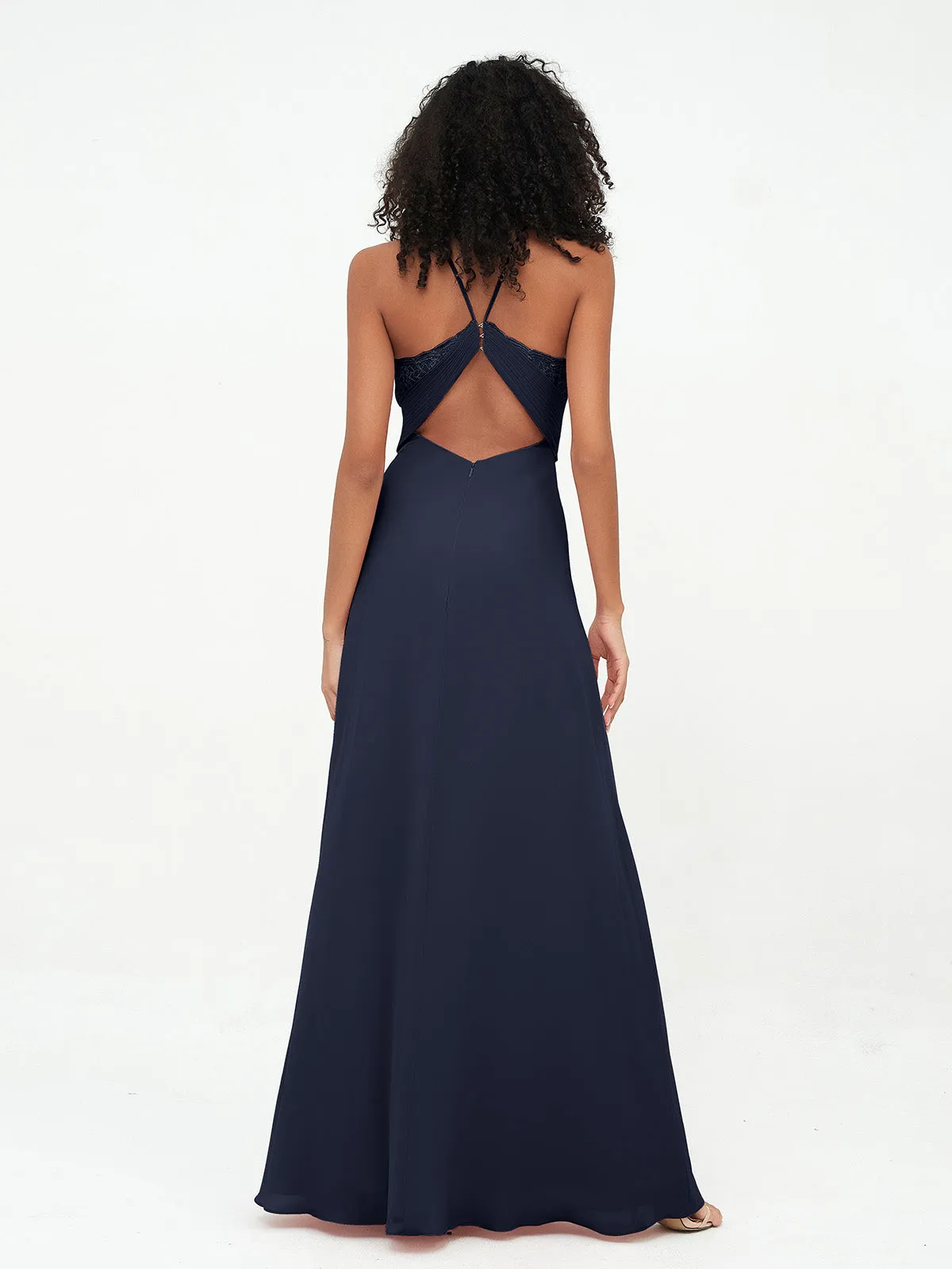 Halter Lace Top and Chiffon Open Back Dresses Dark Navy