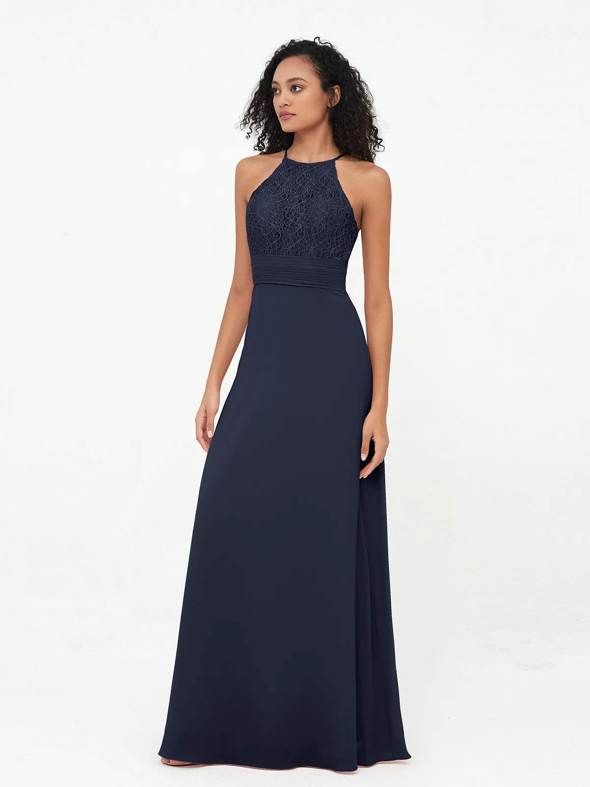 Halter Lace Top and Chiffon Open Back Dresses Dark Navy