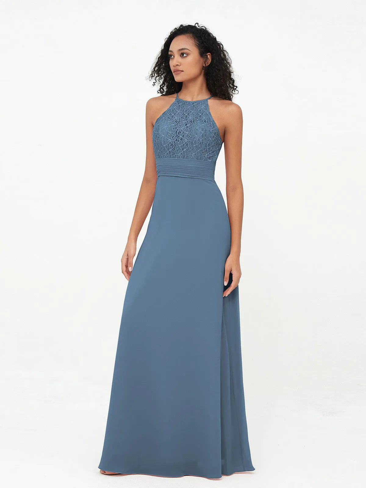 Halter Lace Top and Chiffon Open Back Dresses Slate Blue Plus Size