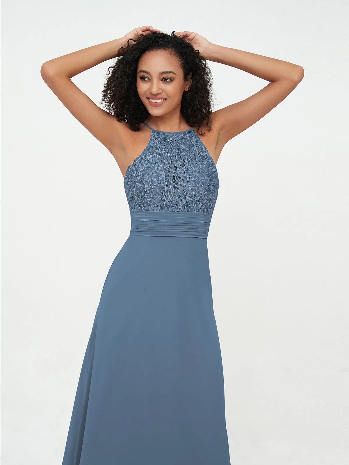 Halter Lace Top and Chiffon Open Back Dresses Slate Blue Plus Size