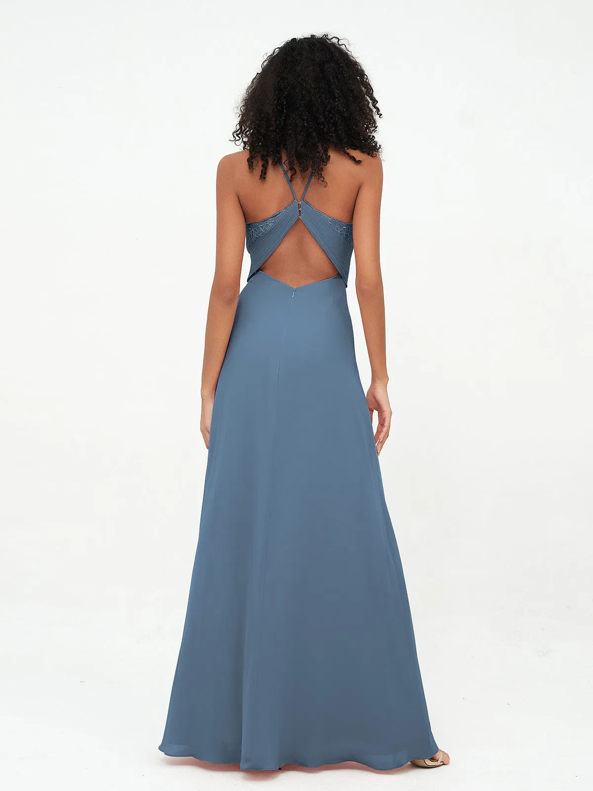Halter Lace Top and Chiffon Open Back Dresses Slate Blue Plus Size