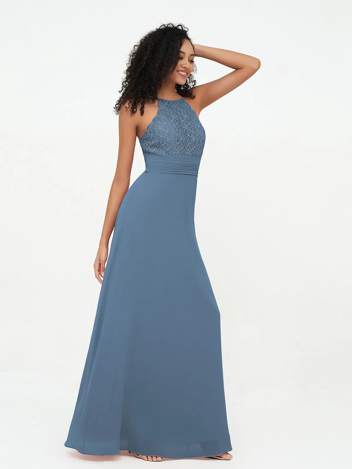 Halter Lace Top and Chiffon Open Back Dresses Slate Blue Plus Size